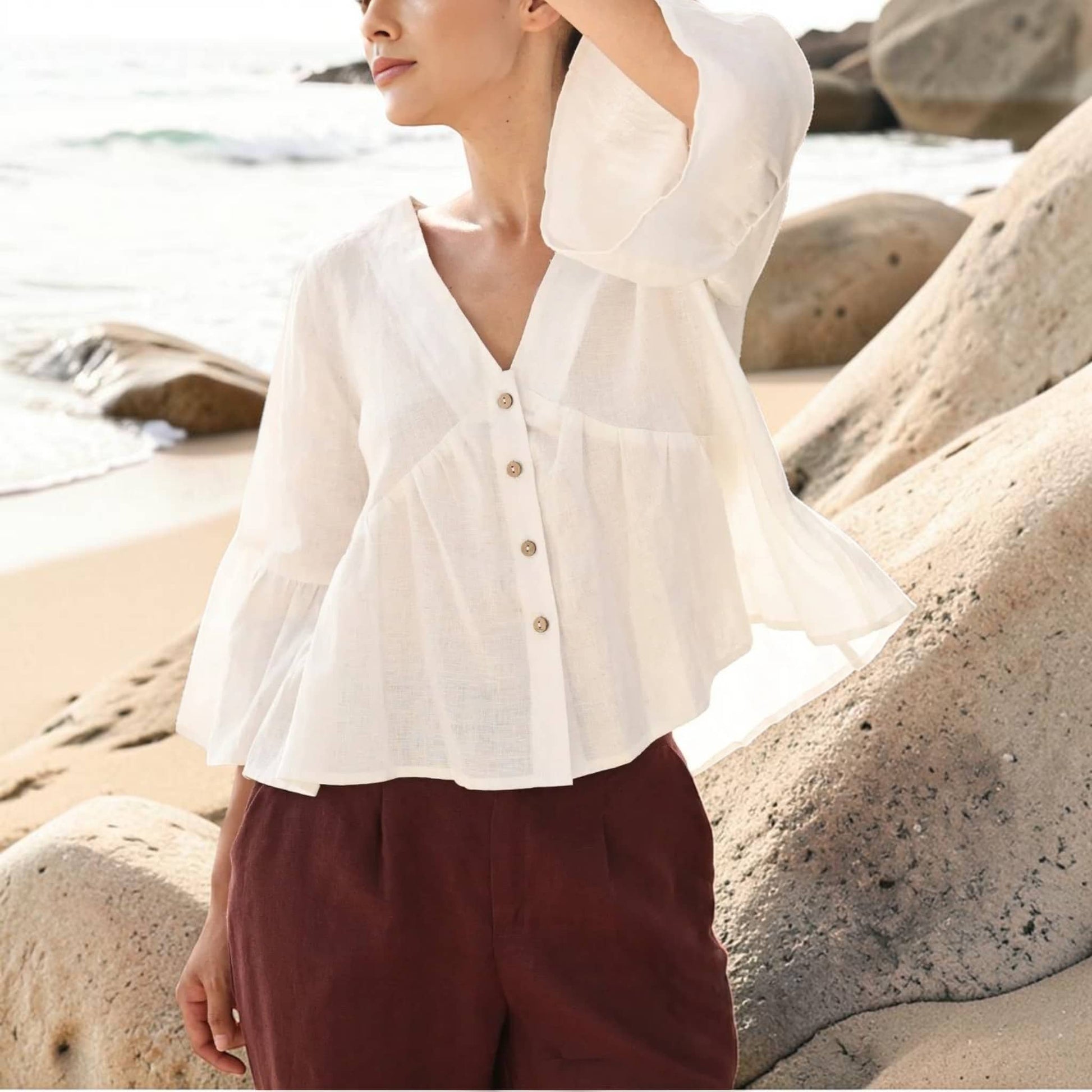 Linen Flounce Sleeve Top, V Neck Button Front