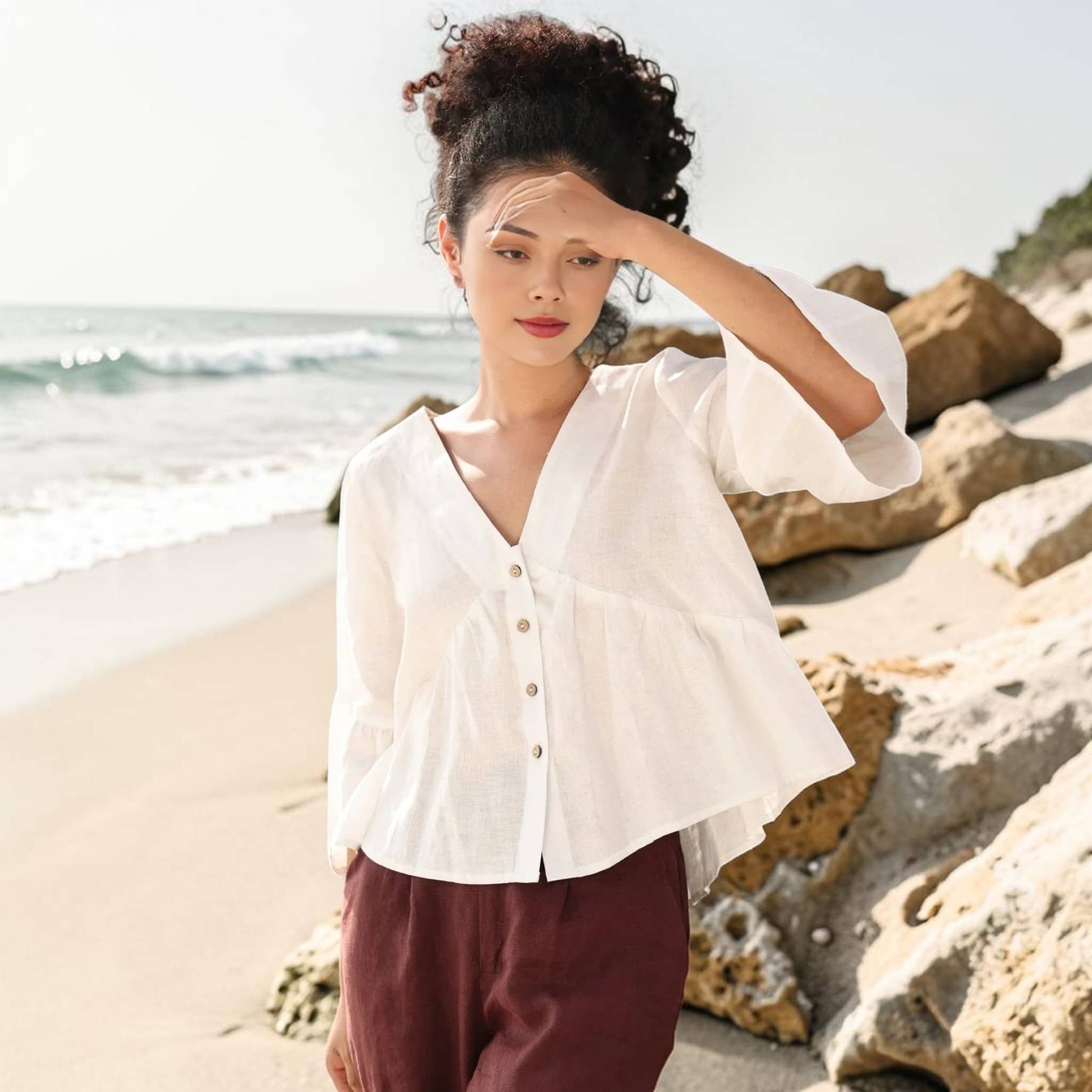 Linen Flounce Sleeve Top, V Neck Button Front
