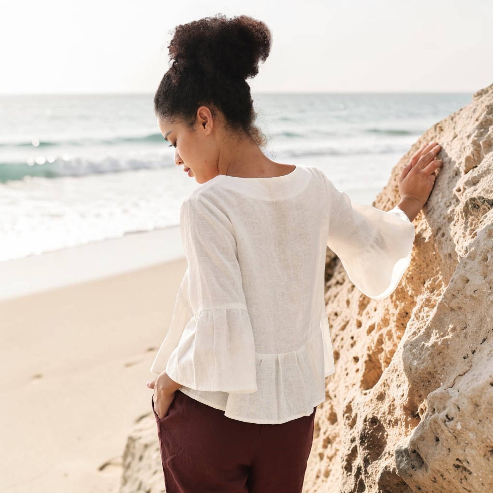 Linen Flounce Sleeve Top, V Neck Button Front