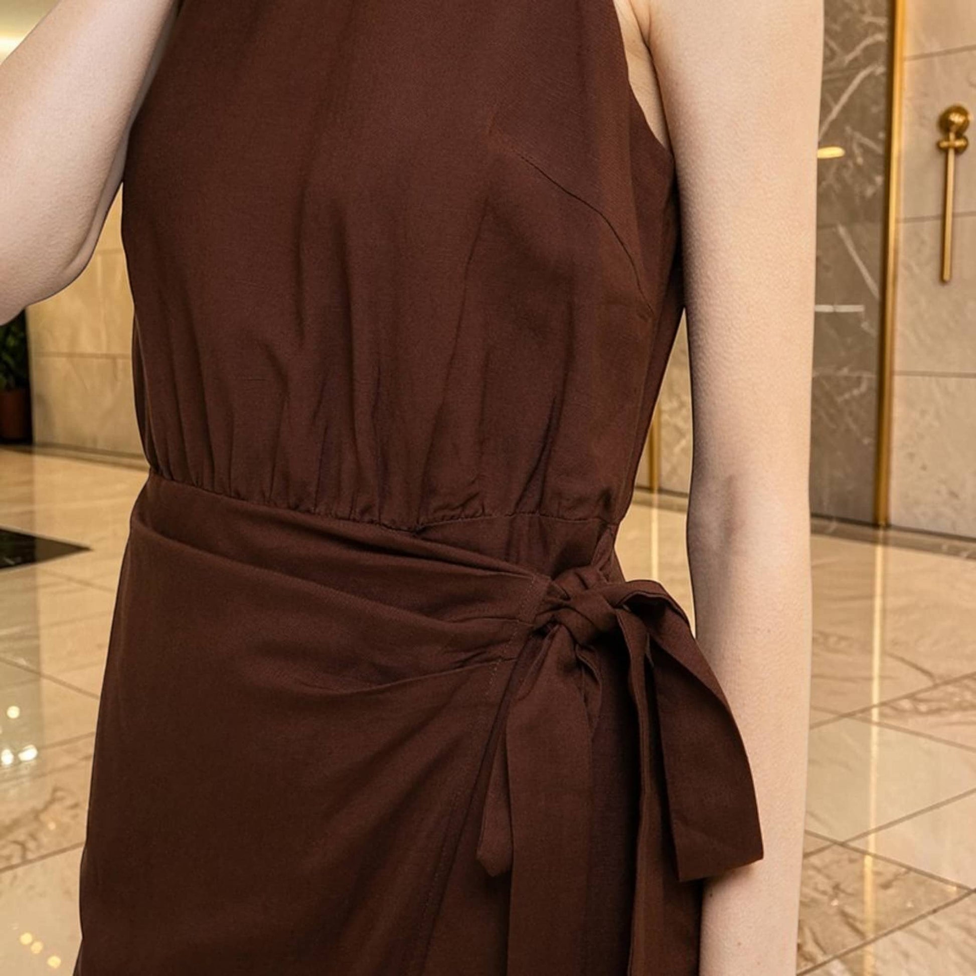 Linen Halter Midi Dress, Wrap Side Tie