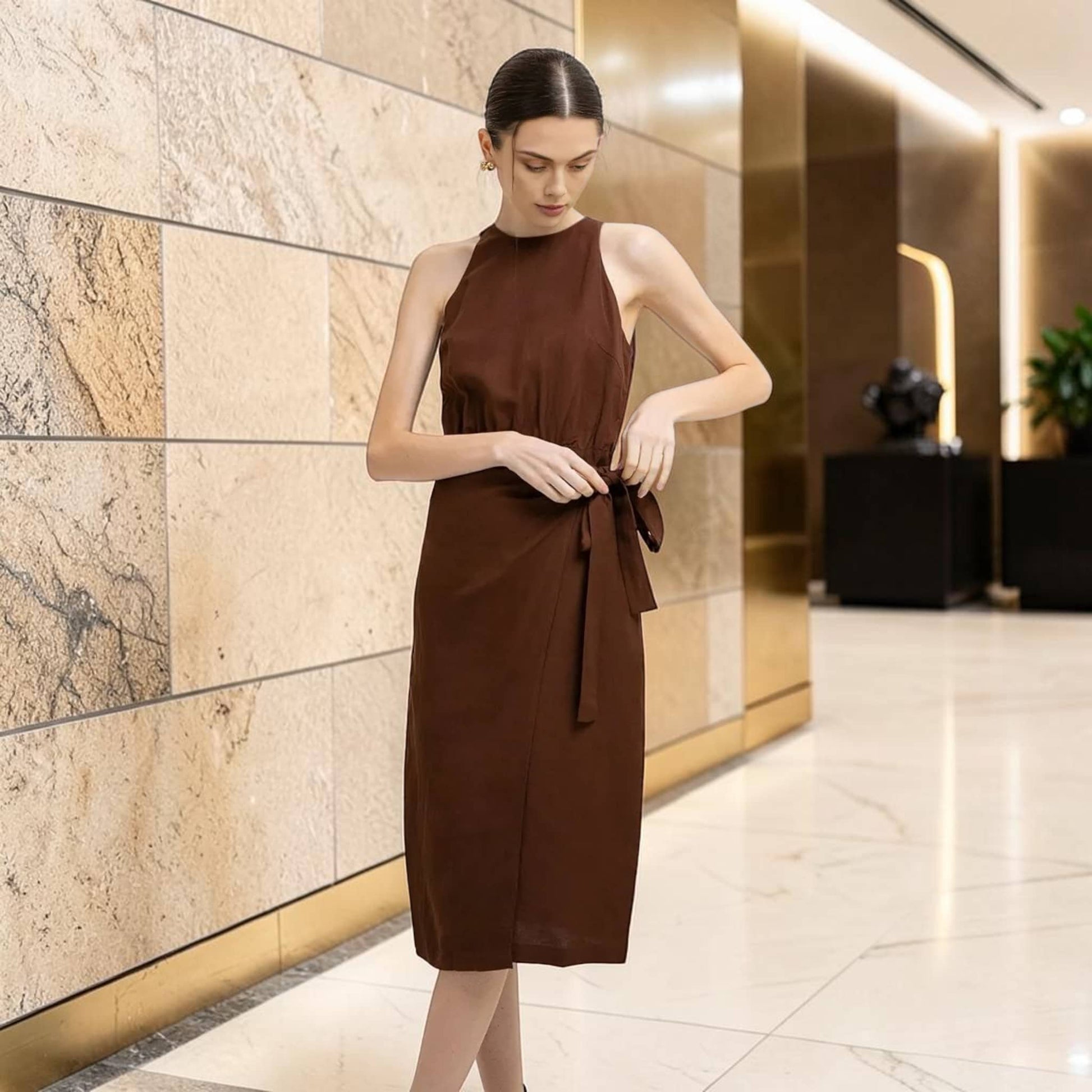 Linen Halter Midi Dress, Wrap Side Tie