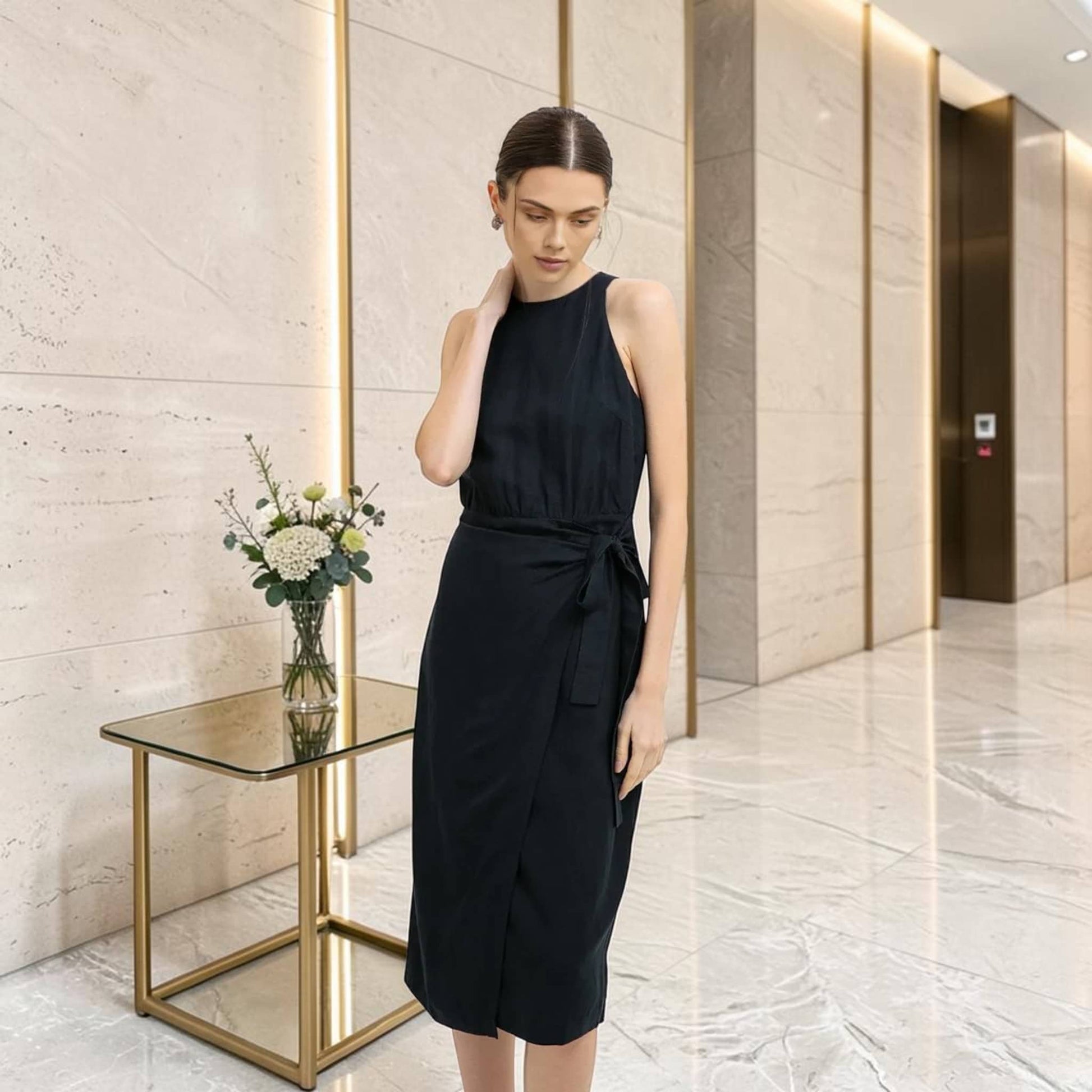 Linen Halter Midi Dress, Wrap Side Tie