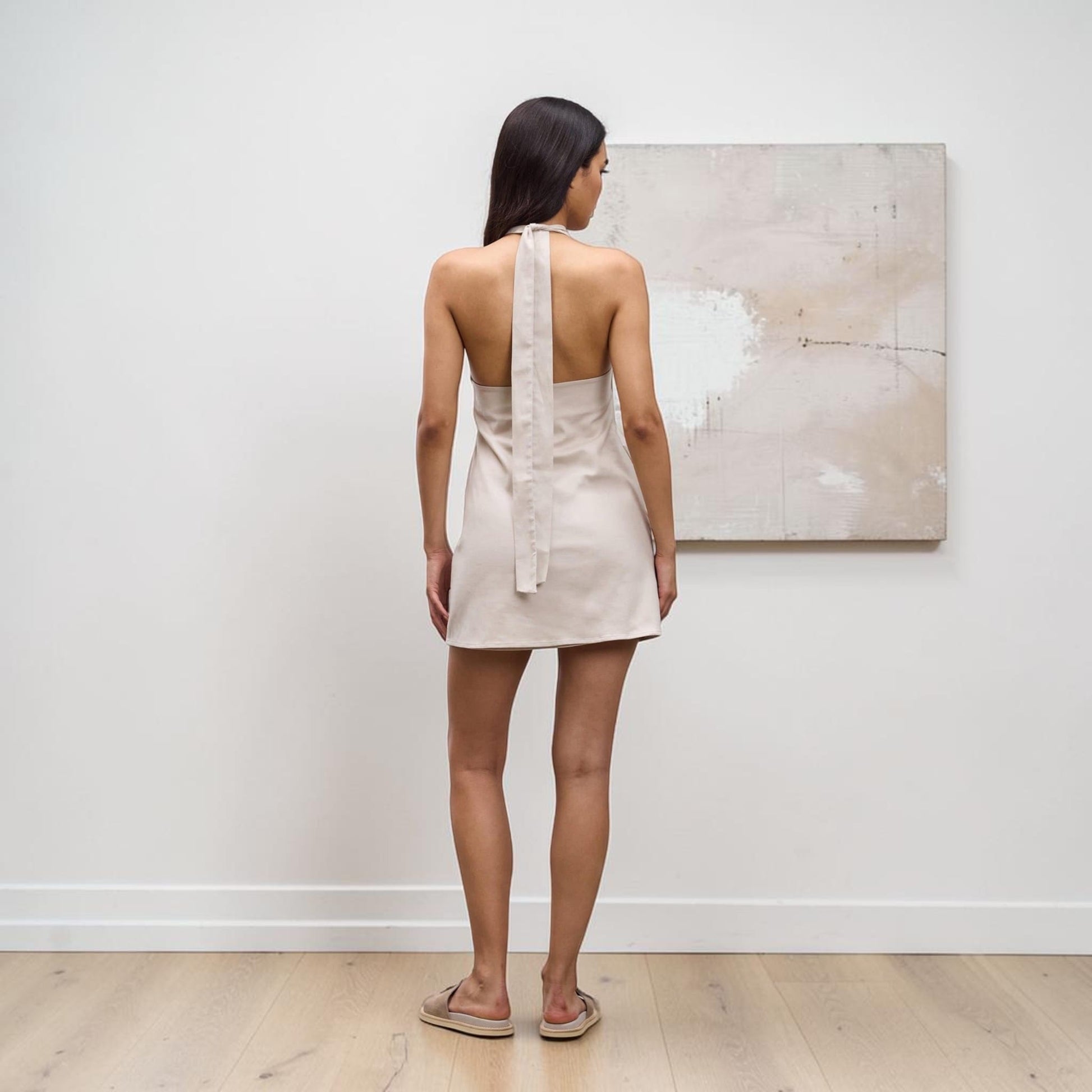 Linen Halter Mini Dress, Open-Back Neck Tie