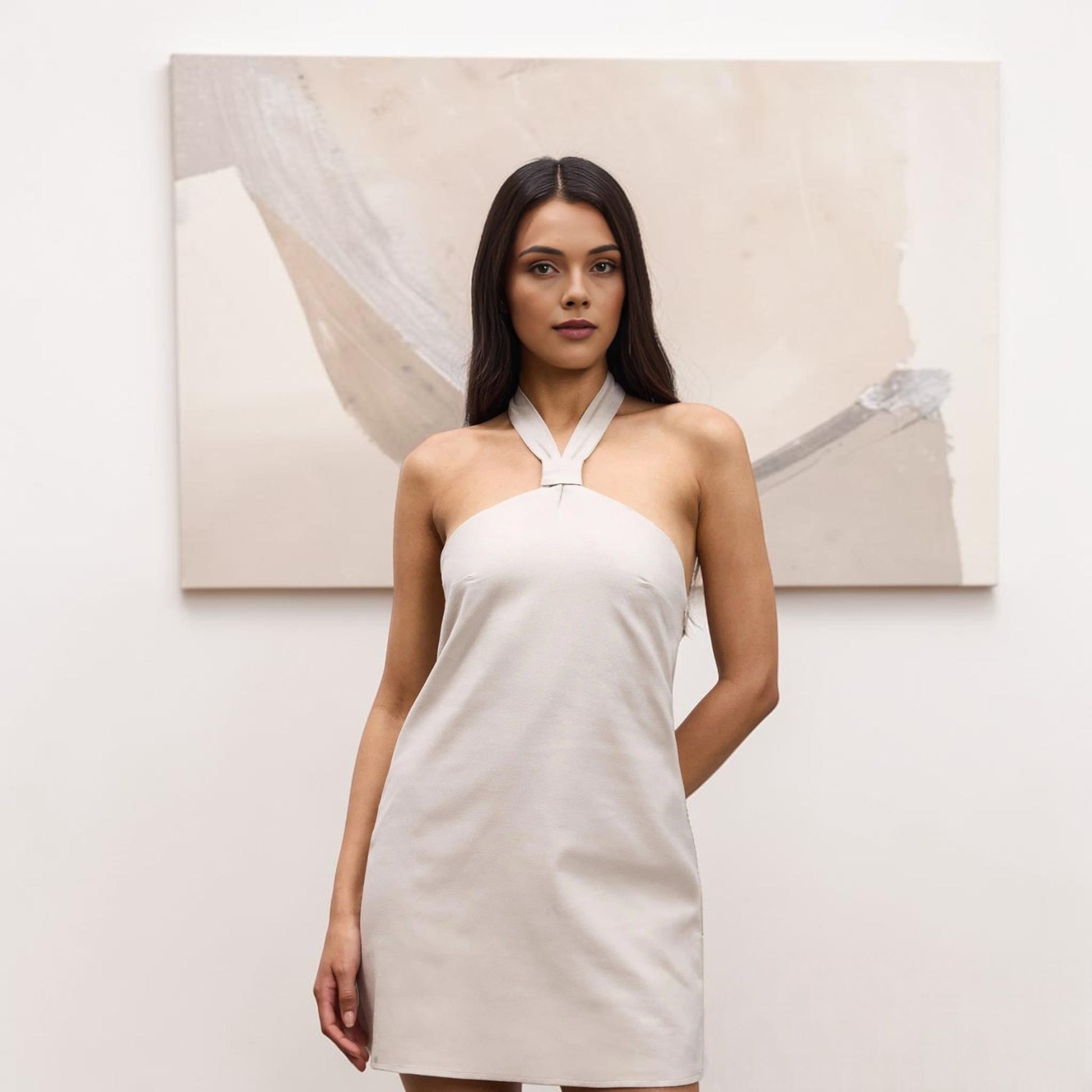 Linen Halter Mini Dress, Open-Back Neck Tie