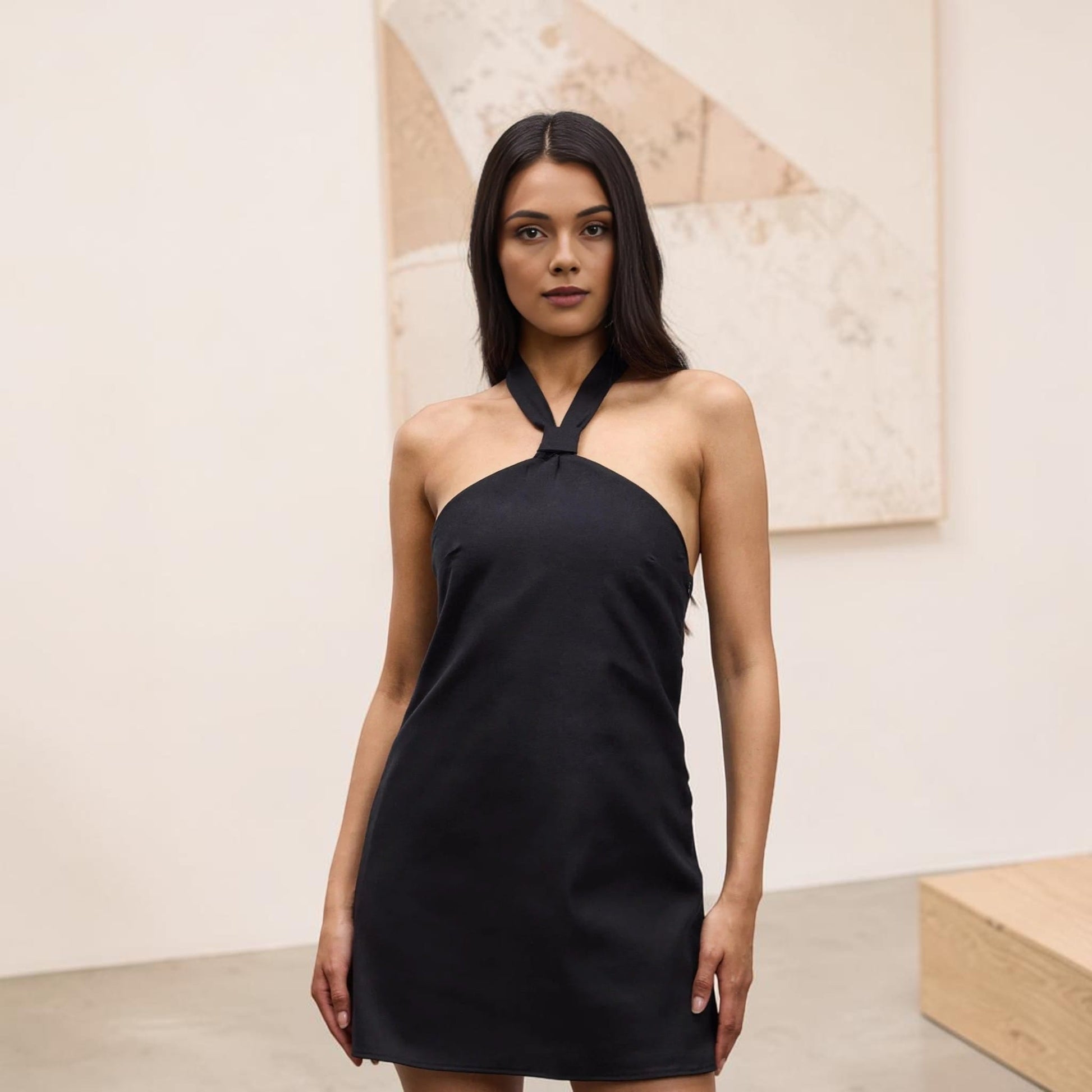 Linen Halter Mini Dress, Open-Back Neck Tie