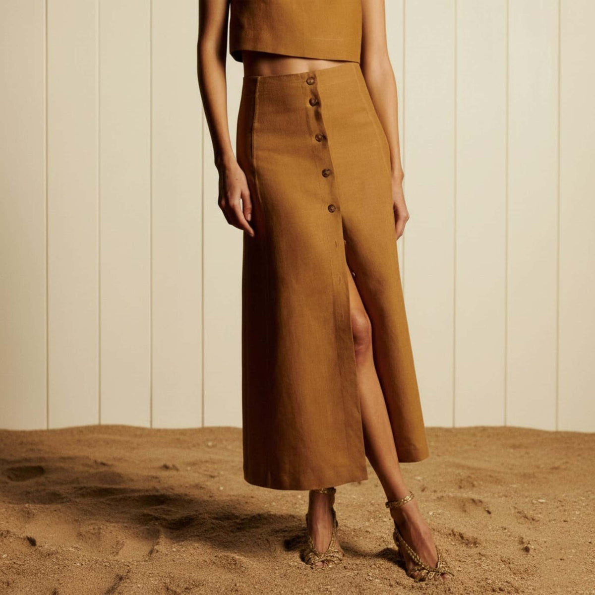 High-Waisted Linen Maxi Skirt, Button-Front Skirt