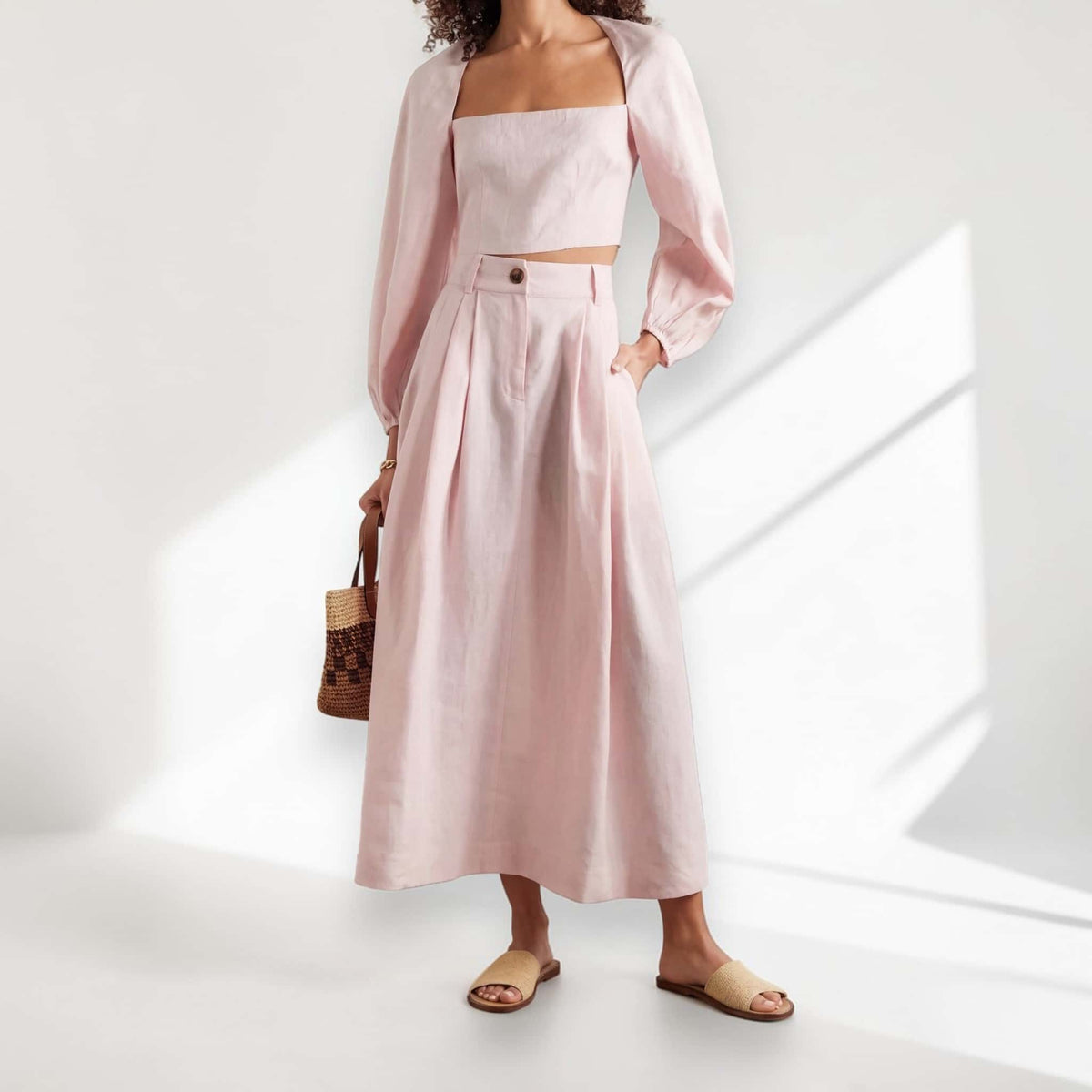High-Waisted Linen Maxi Skirt, Pleated A-Line Skirt