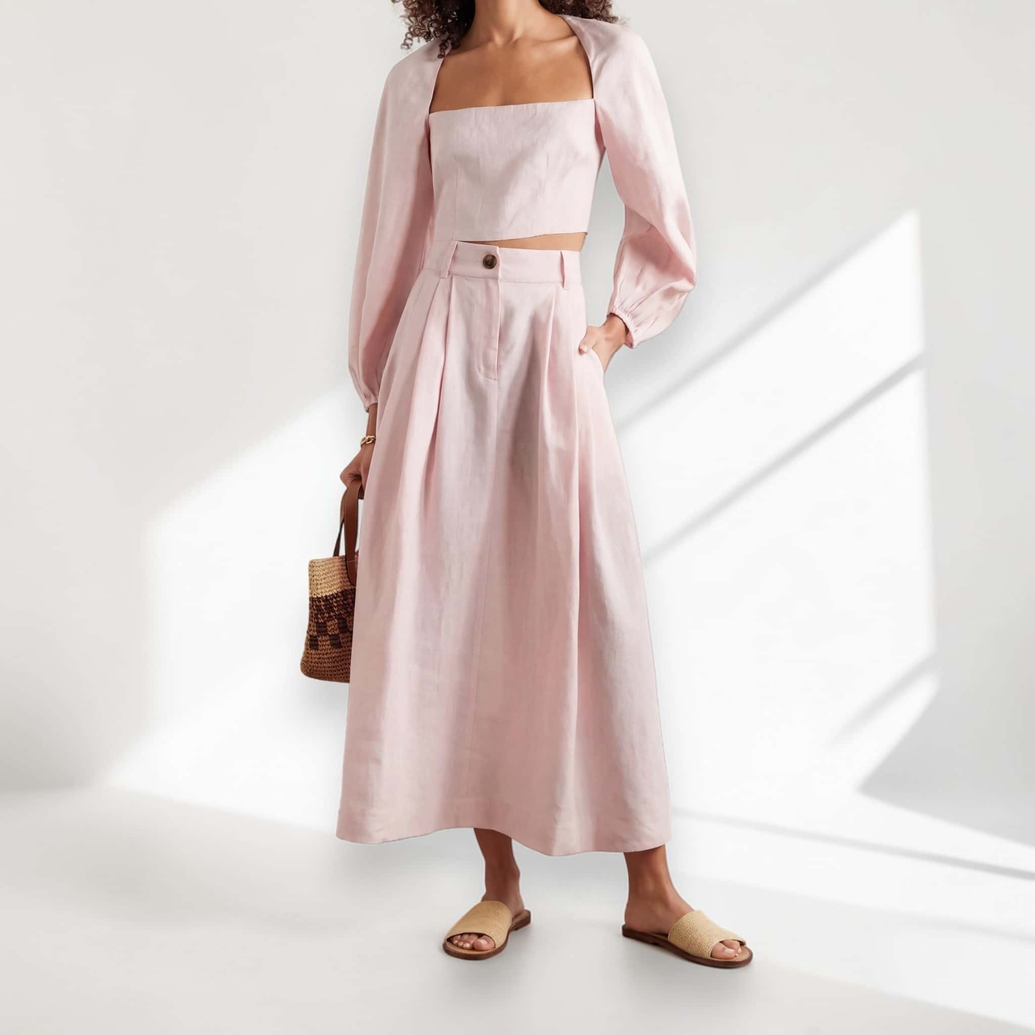 High-Waisted Linen Maxi Skirt, Pleated A-Line Skirt