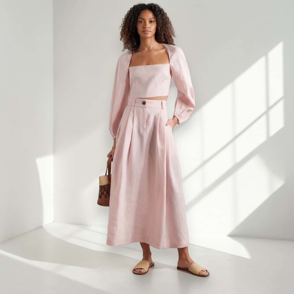 High-Waisted Linen Maxi Skirt, Pleated A-Line Skirt