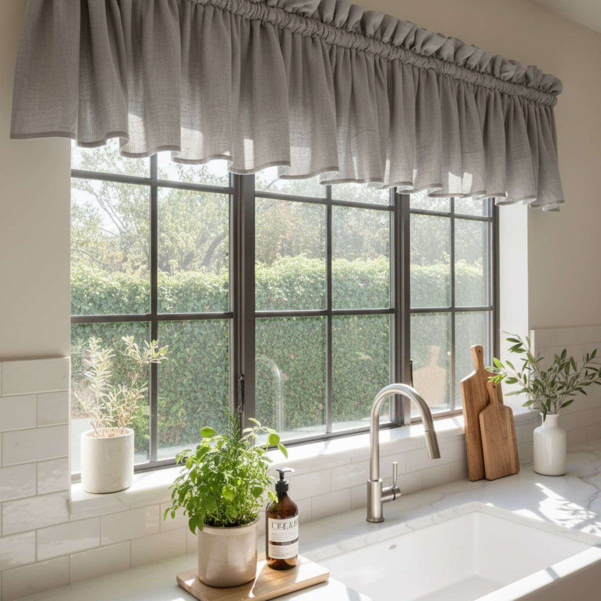 Linen Kitchen Window Valance, Ruffle Window Valance