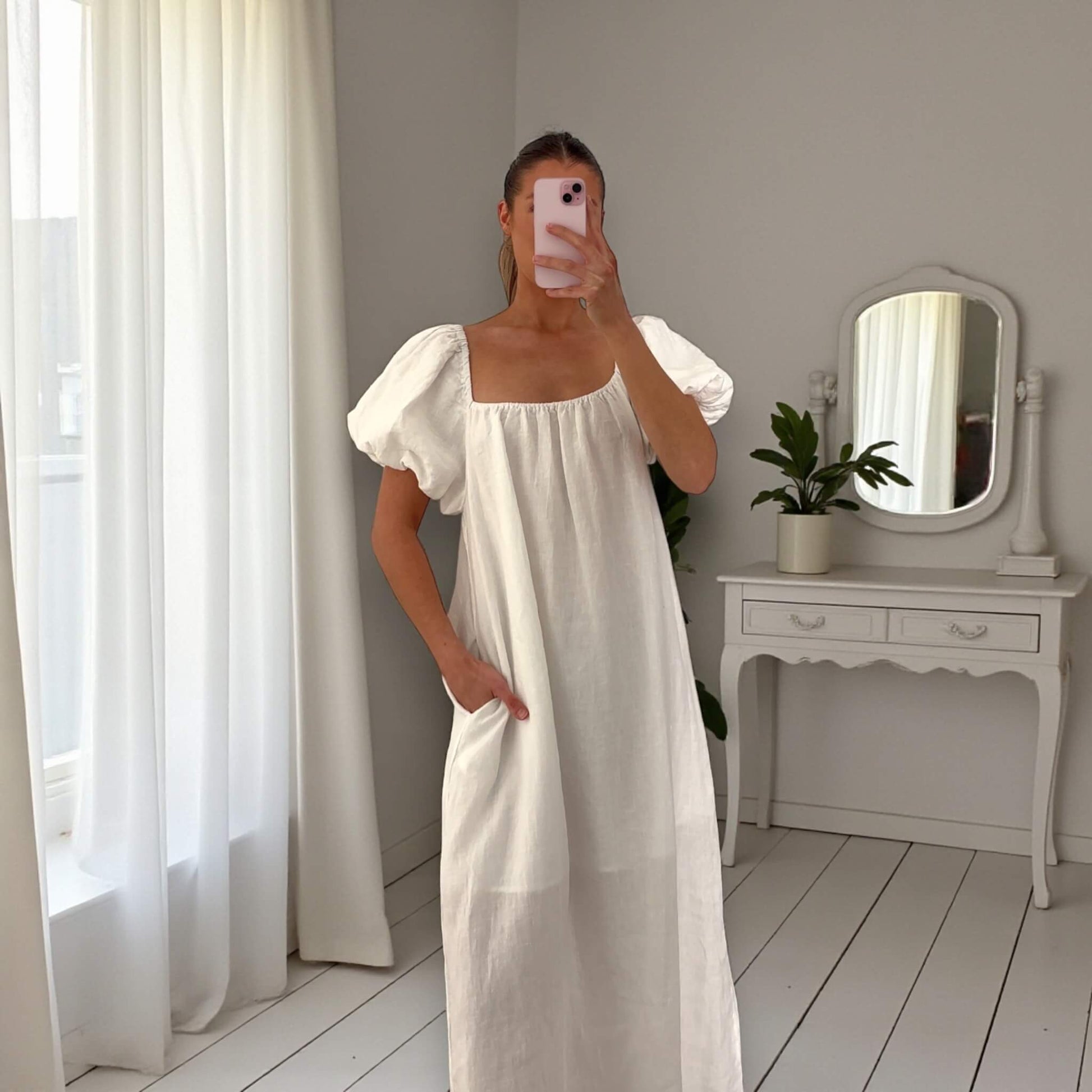 Linen Maxi Dress, Puff Sleeve Maxi Dress