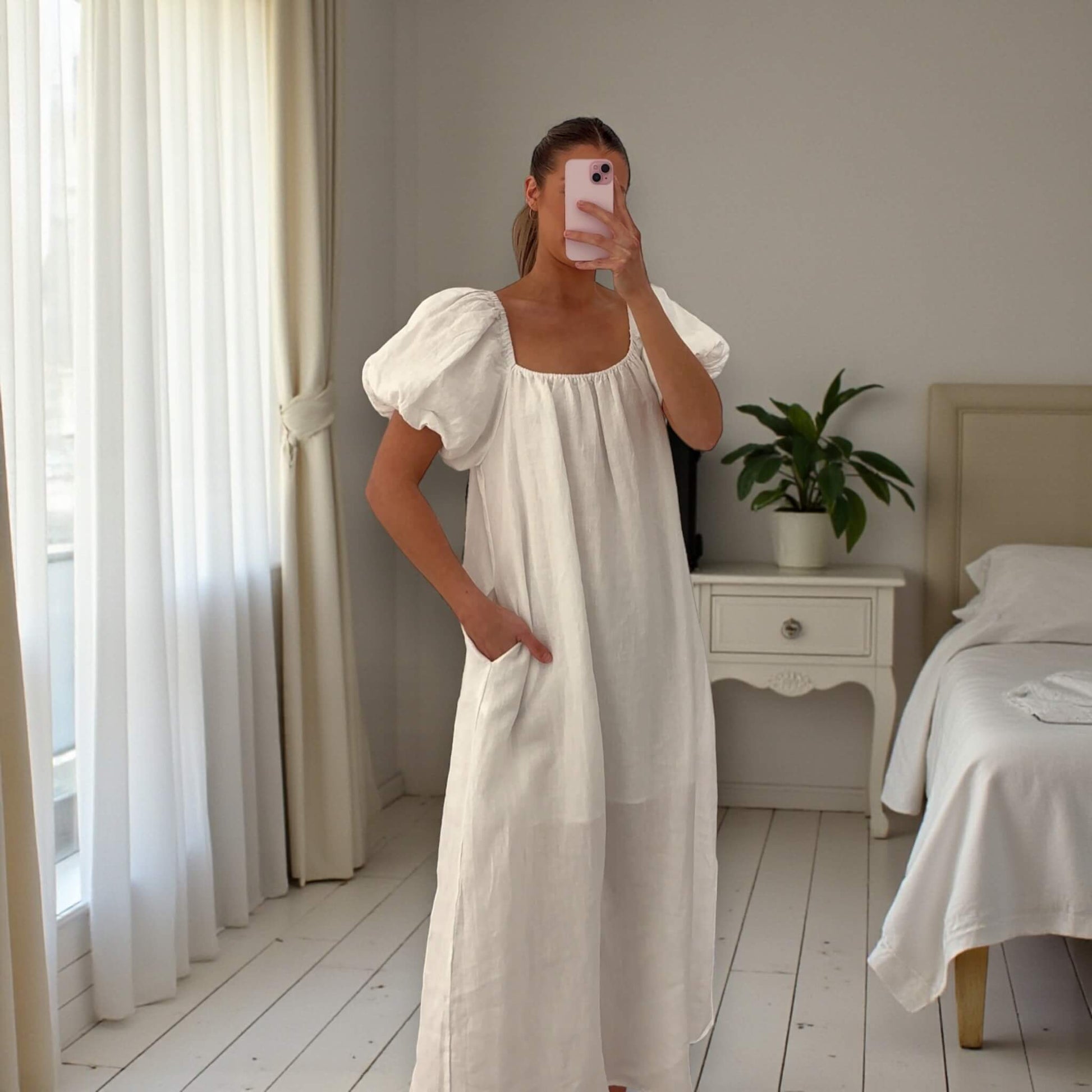 Linen Maxi Dress, Puff Sleeve Maxi Dress