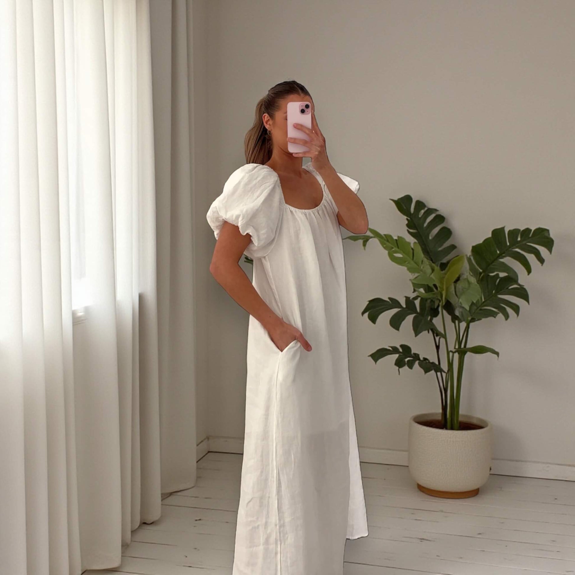 Linen Maxi Dress, Puff Sleeve Maxi Dress