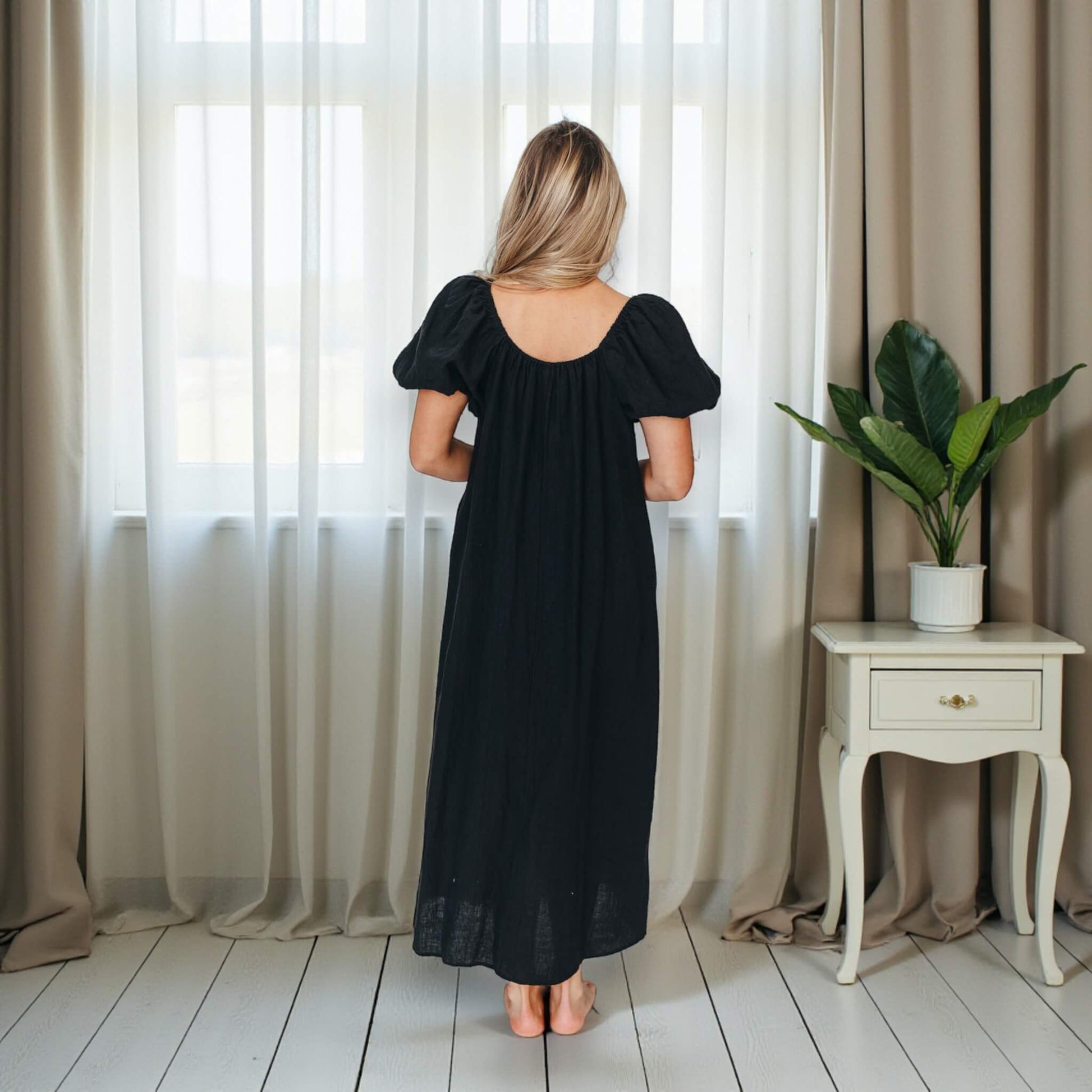 Linen Maxi Dress, Puff Sleeve Maxi Dress