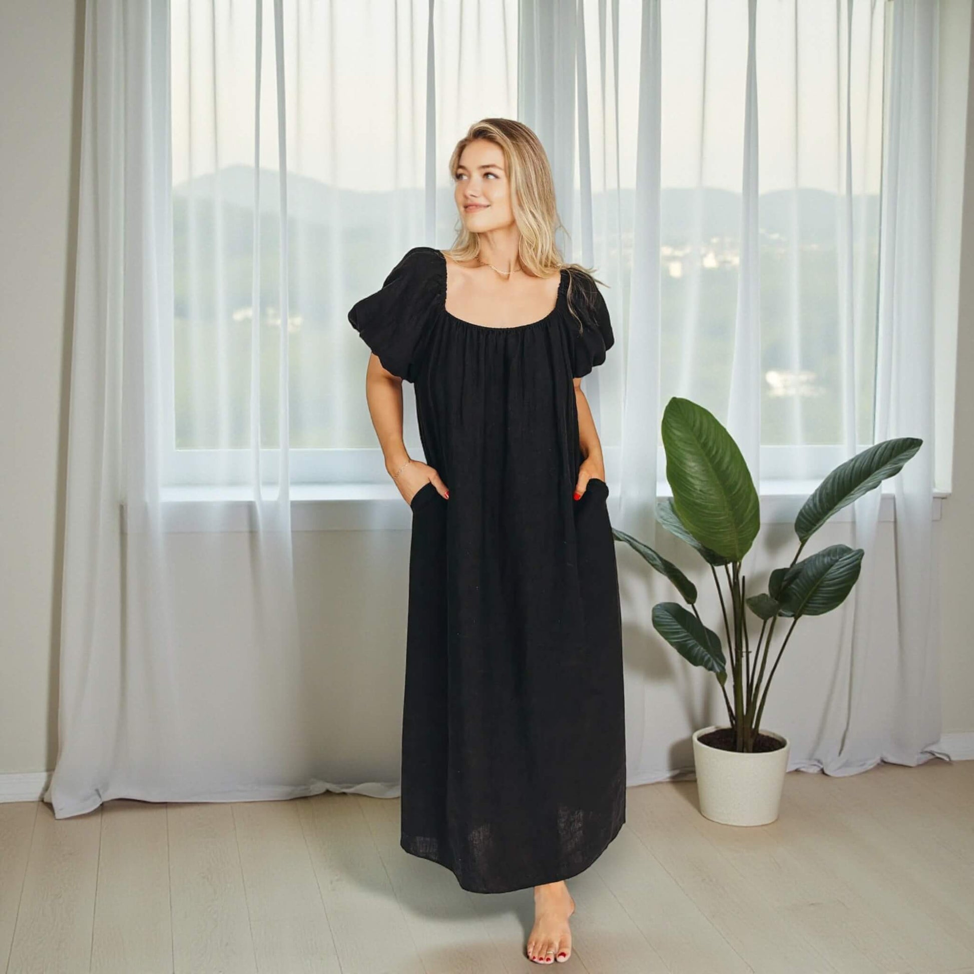 Linen Maxi Dress, Puff Sleeve Maxi Dress