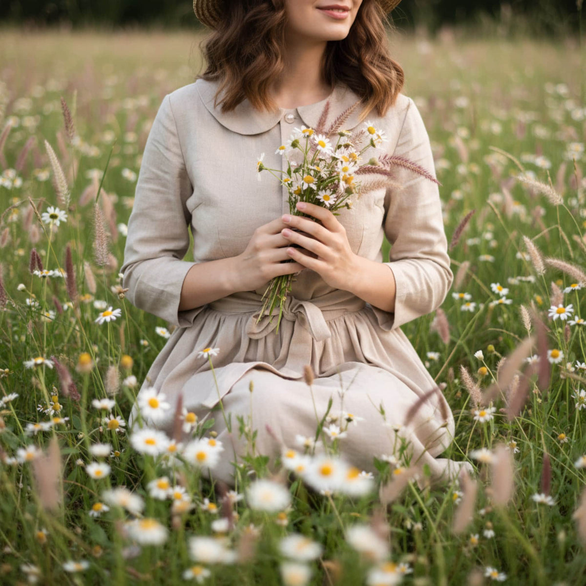 Linen Midi Dress, Peter Pan Collar Dress