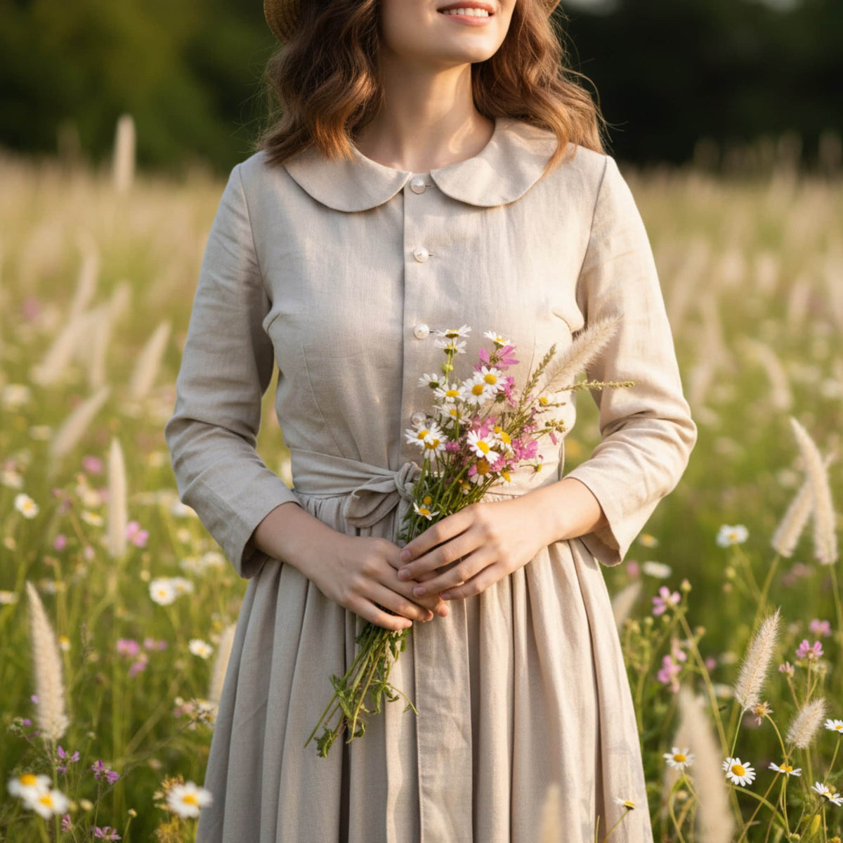 Linen Midi Dress, Peter Pan Collar Dress