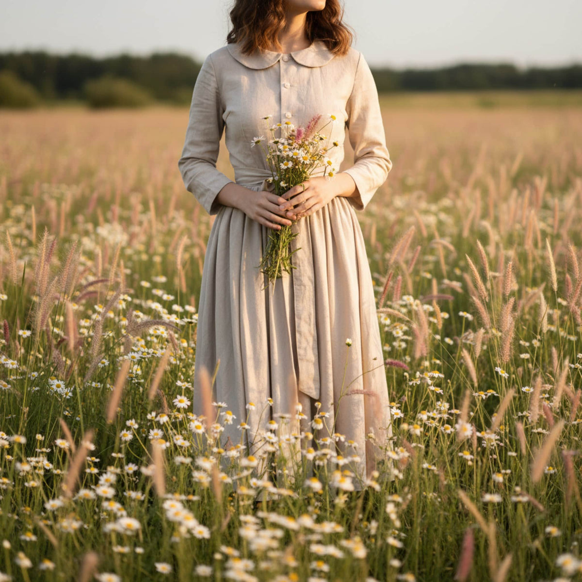 Linen Midi Dress, Peter Pan Collar Dress