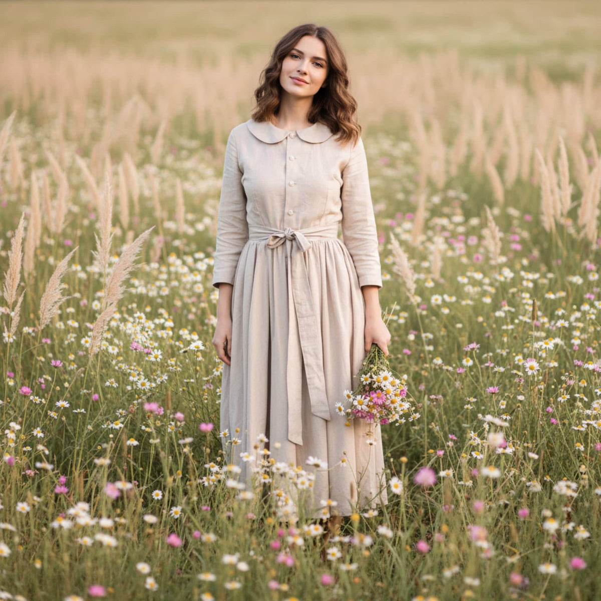 Linen Midi Dress, Peter Pan Collar Dress