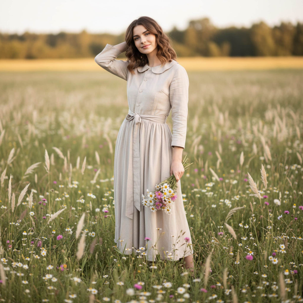 Linen Midi Dress, Peter Pan Collar Dress