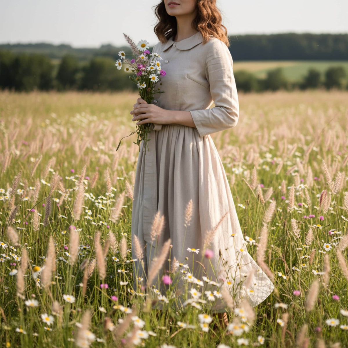 Linen Midi Dress, Peter Pan Collar Dress