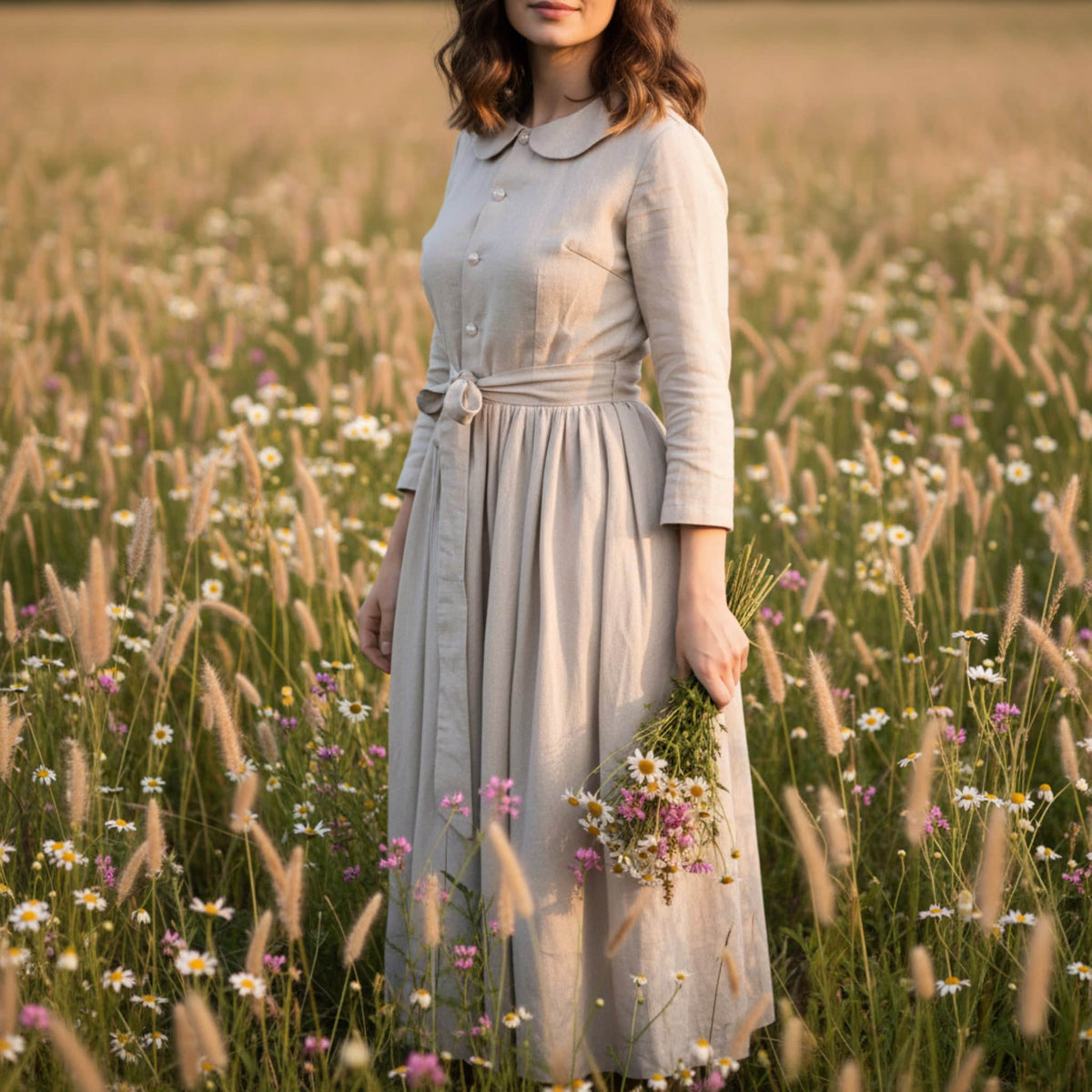 Linen Midi Dress, Peter Pan Collar Dress