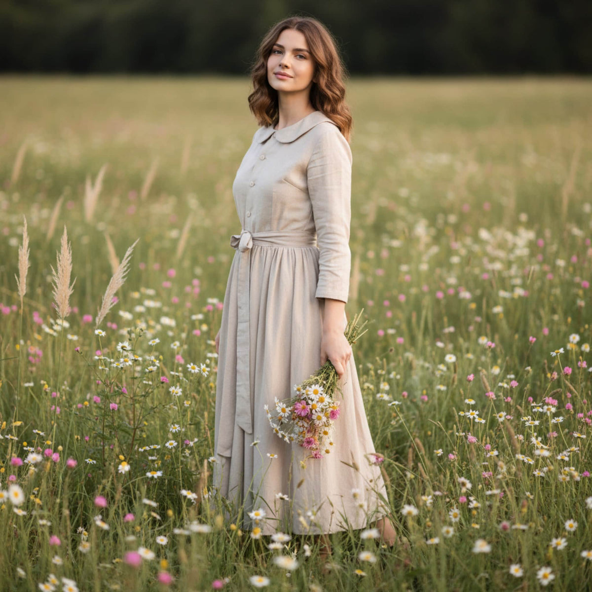 Linen Midi Dress, Peter Pan Collar Dress