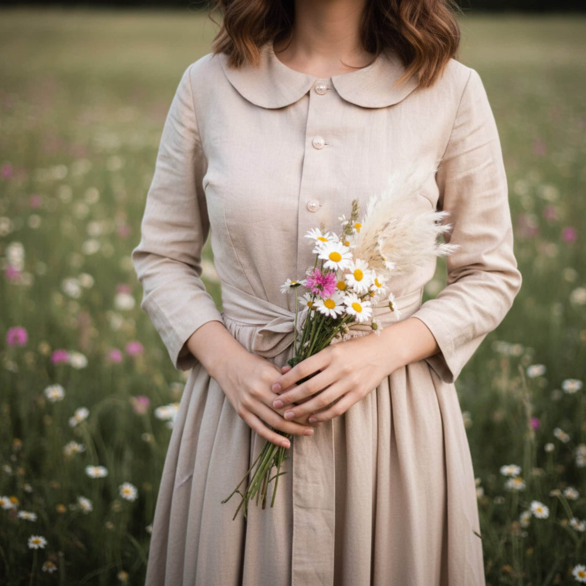 Linen Midi Dress, Peter Pan Collar Dress