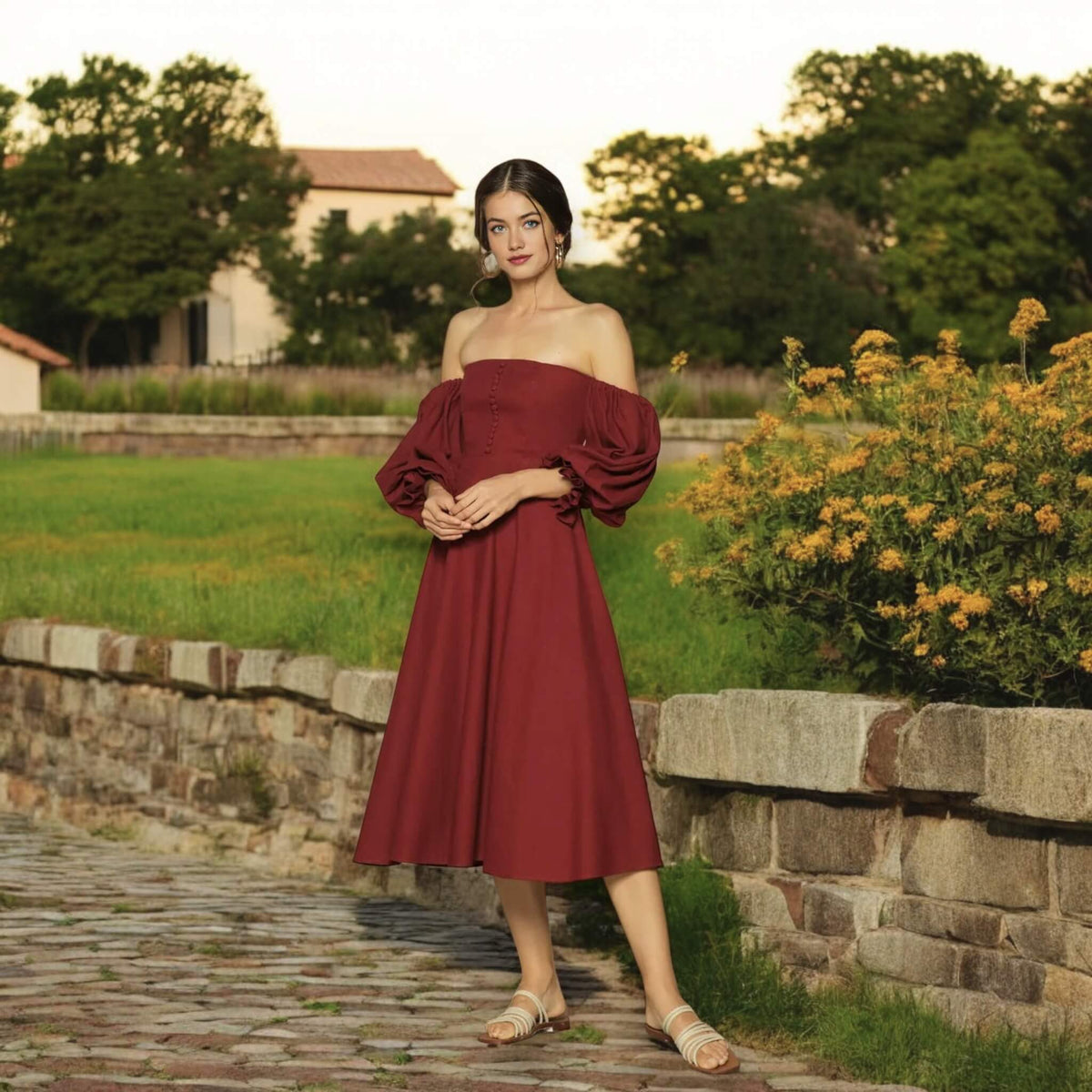Linen Midi Dress, Puff Sleeve Midi Dress