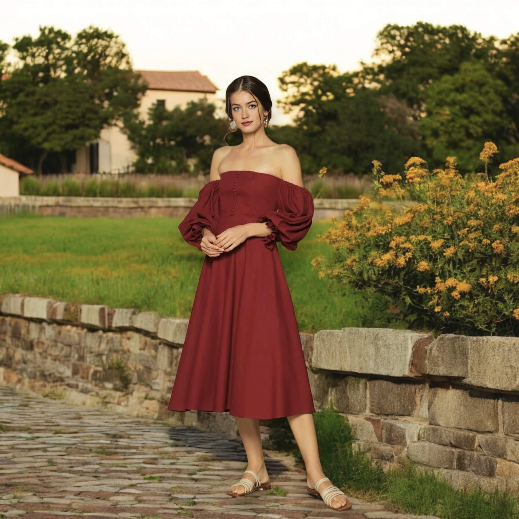 Linen Midi Dress, Puff Sleeve Midi Dress