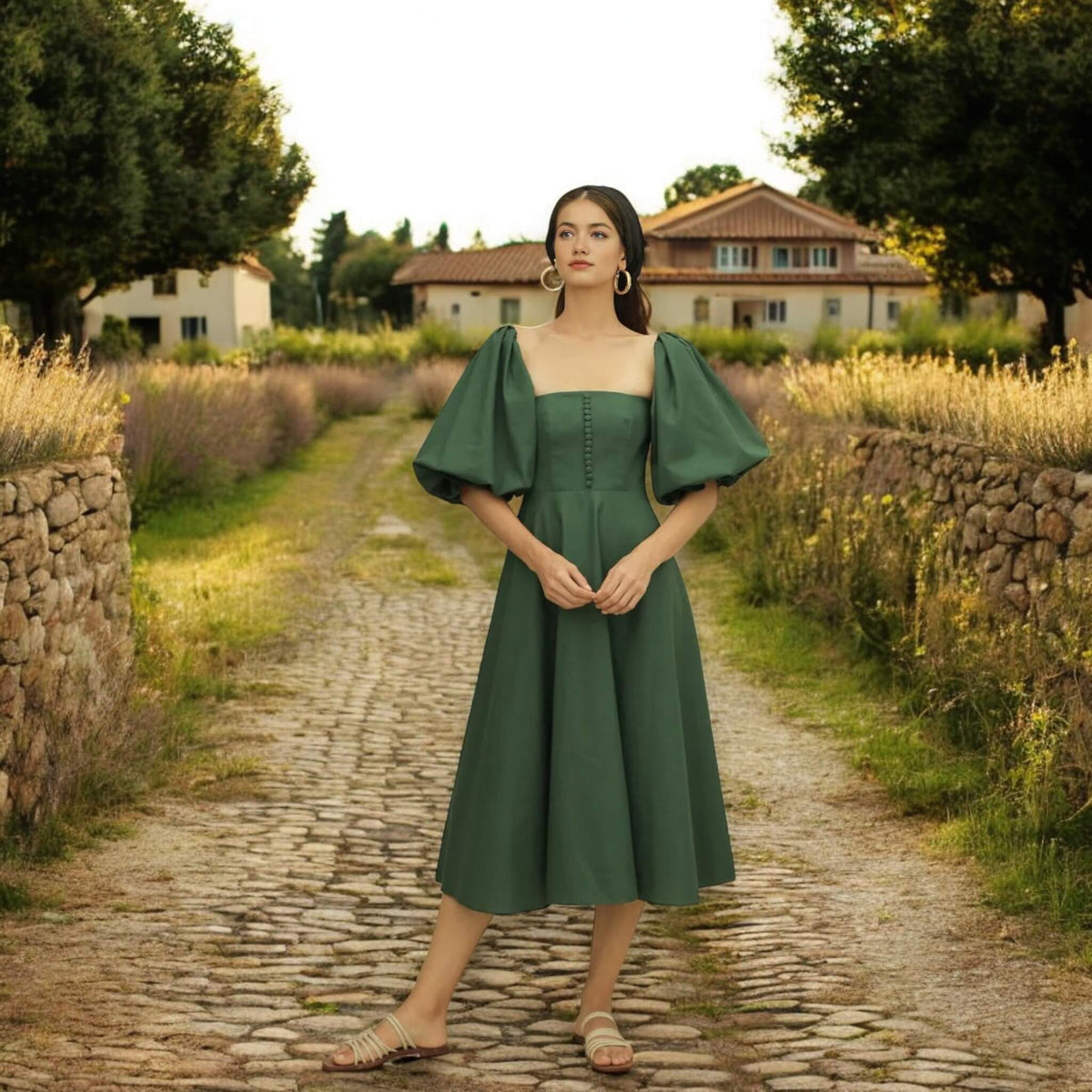 Linen Midi Dress, Puff Sleeve Midi Dress
