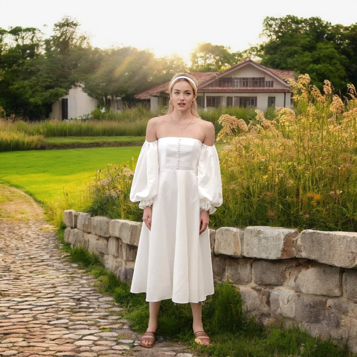 Linen Midi Dress, Puff Sleeve Midi Dress
