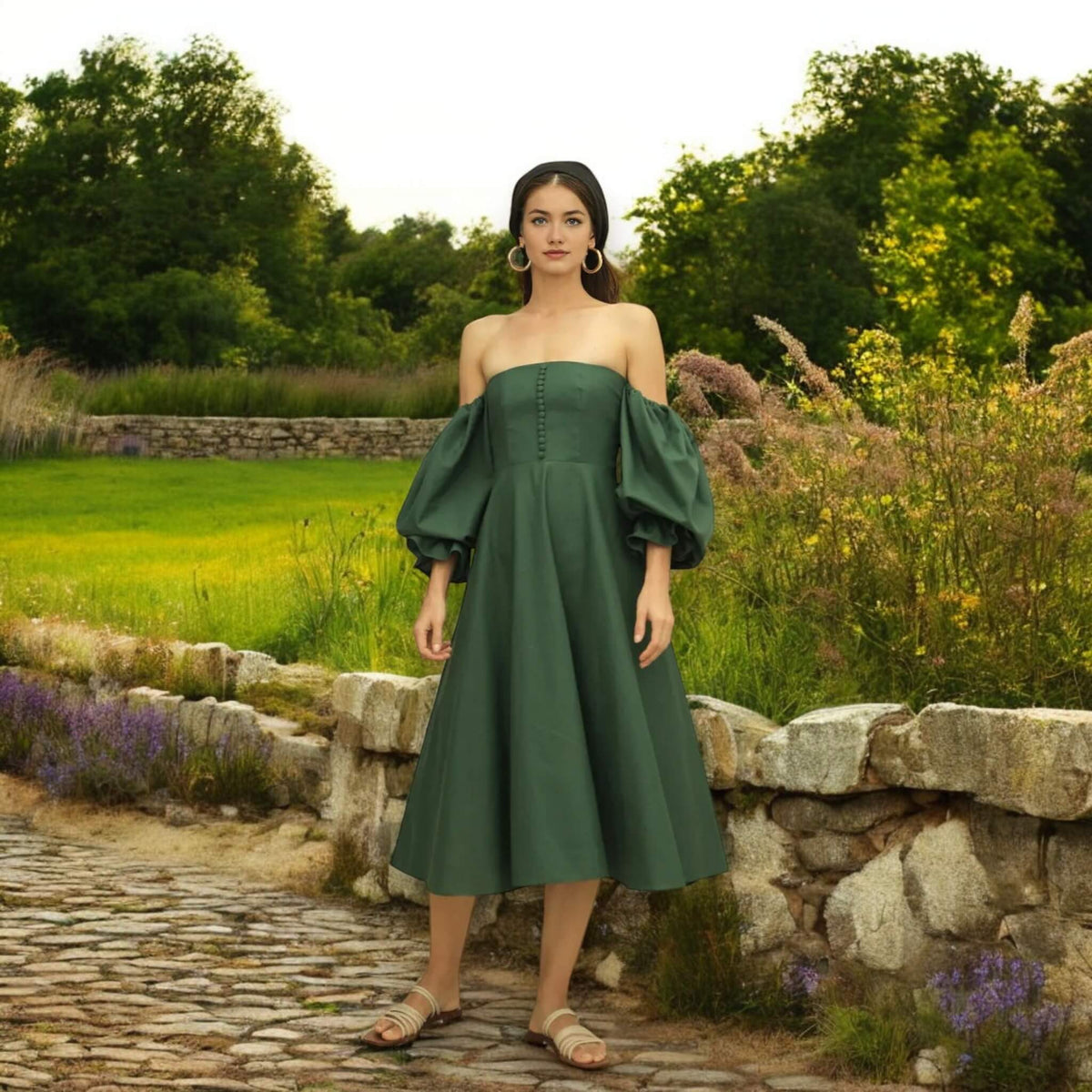 Linen Midi Dress, Puff Sleeve Midi Dress