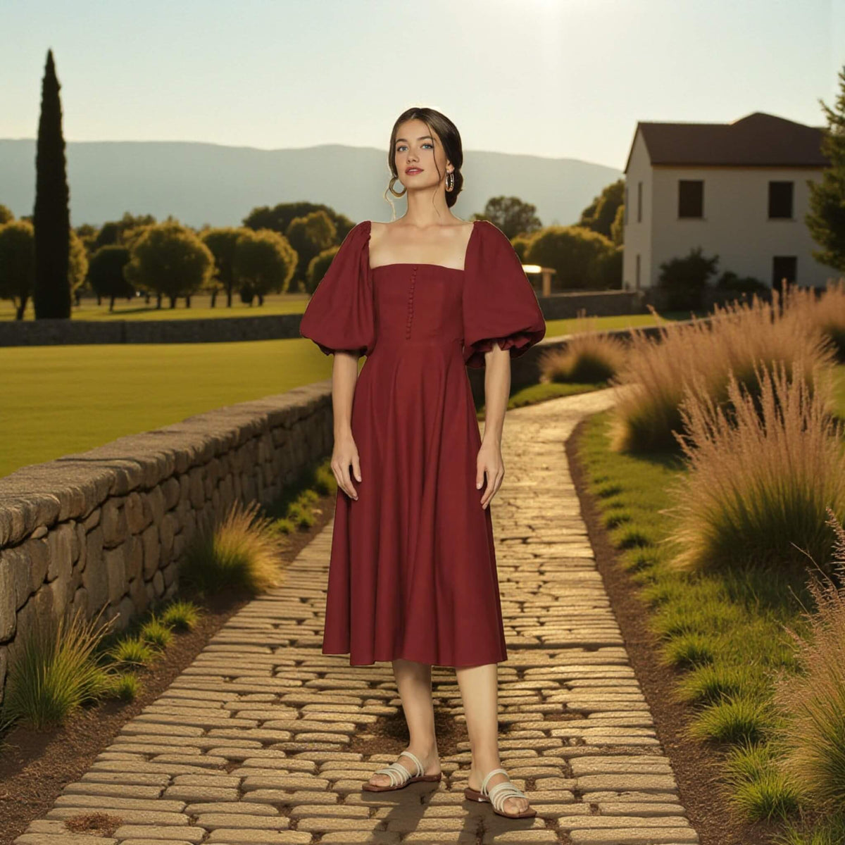 Linen Midi Dress, Puff Sleeve Midi Dress