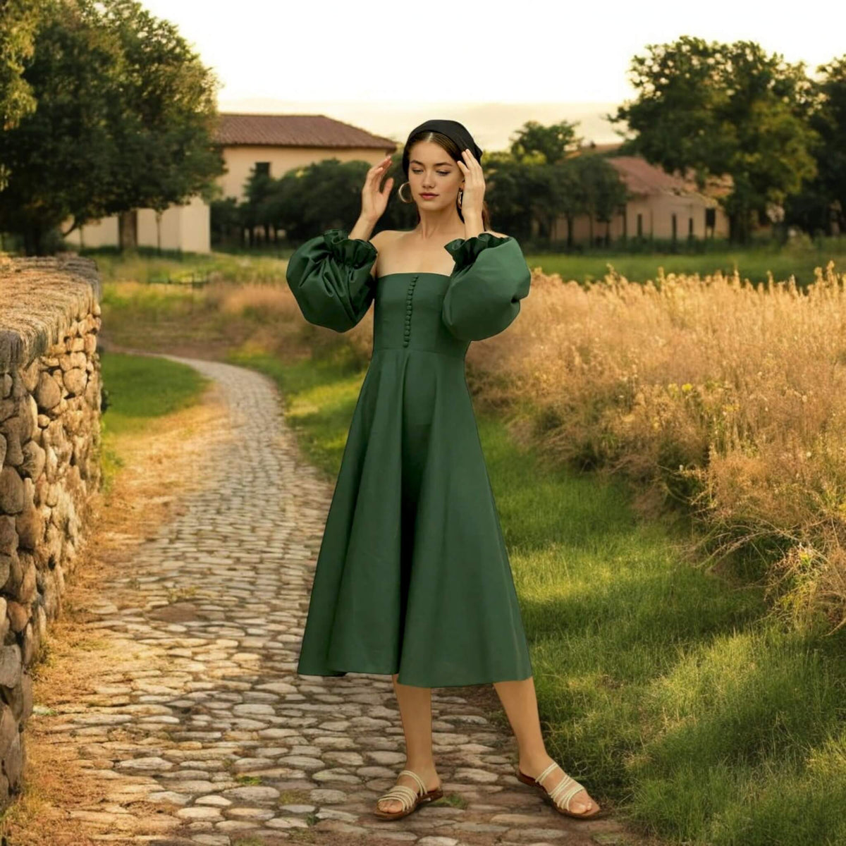 Linen Midi Dress, Puff Sleeve Midi Dress
