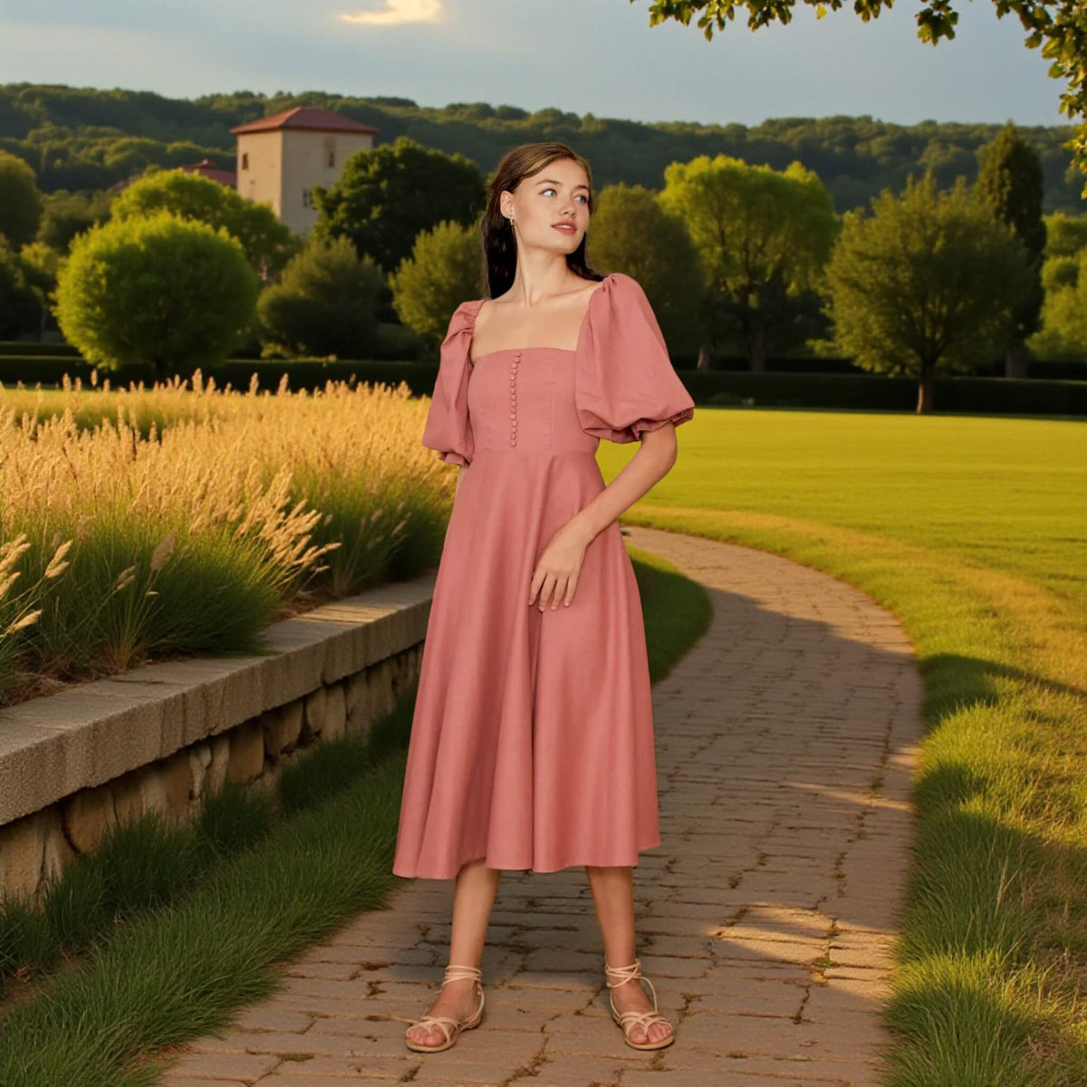 Linen Midi Dress, Puff Sleeve Midi Dress