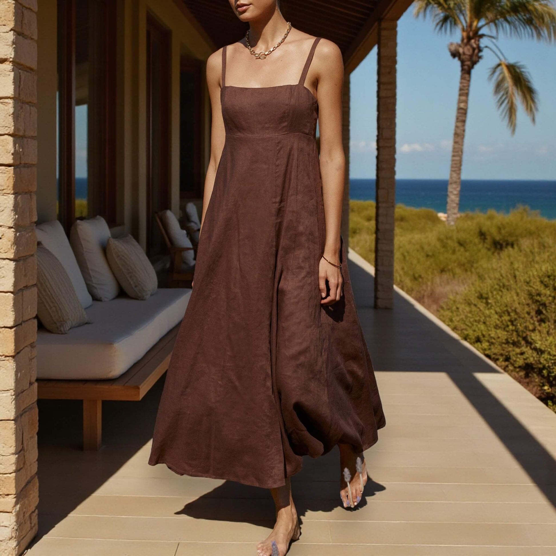 Linen Midi Dress, Square Neck Midi Dress