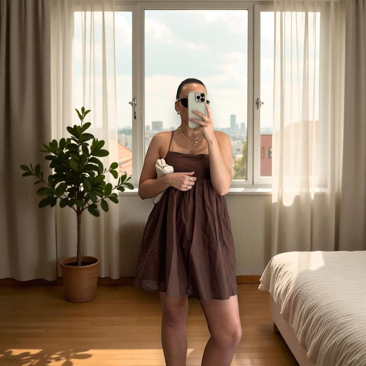 Linen Mini Dress, Open Back Mini Dress