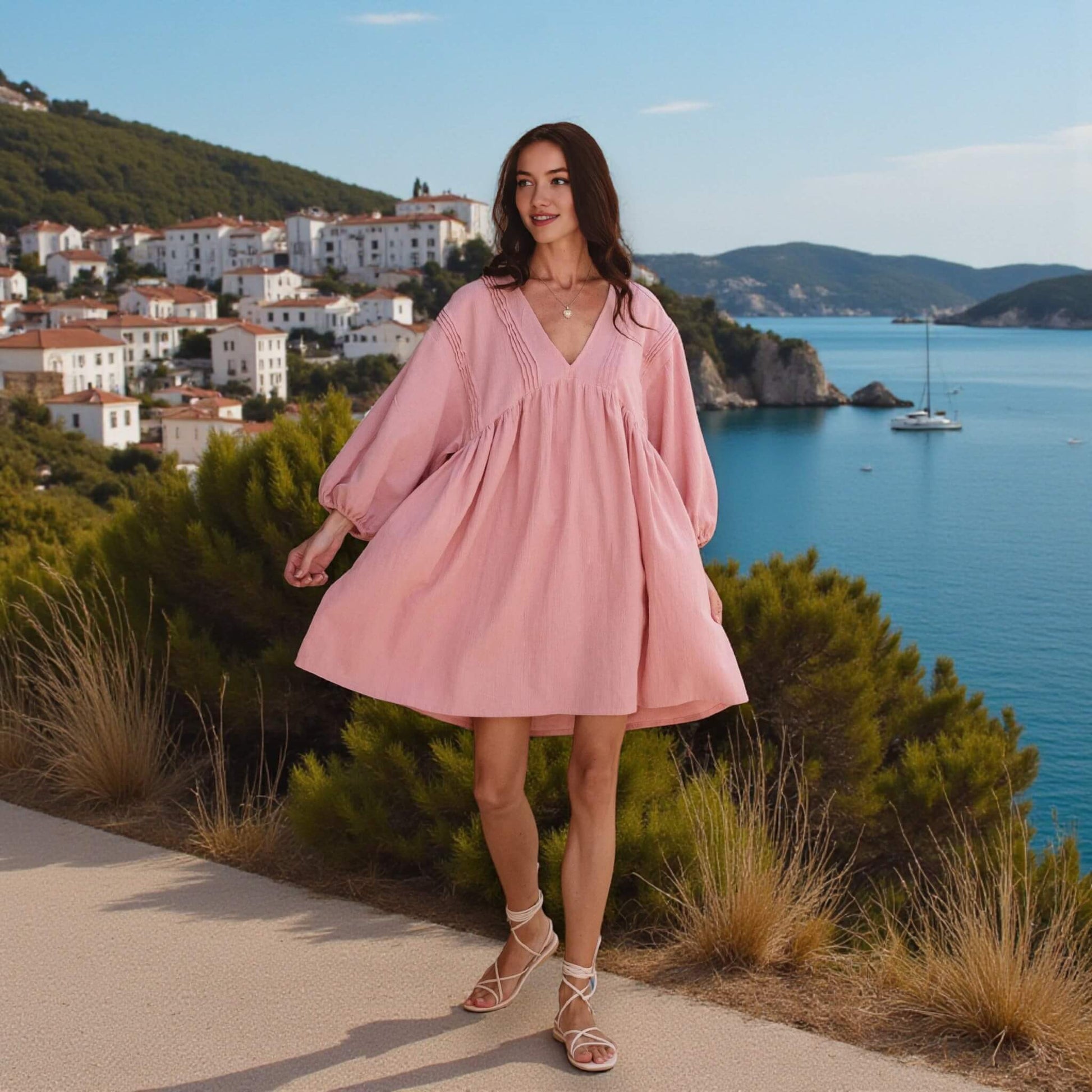 Linen Mini Dress, Puff Sleeve Babydoll Dress