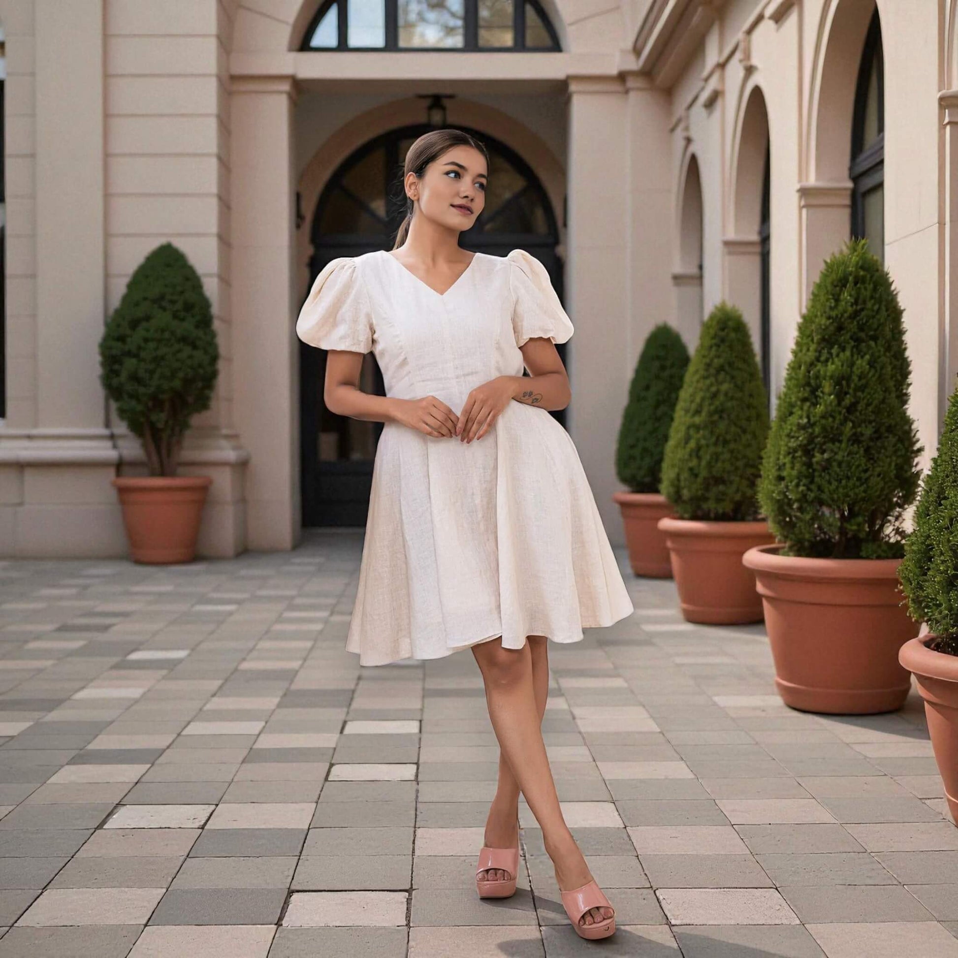 Linen Mini Dress, Puff Sleeve Mini Dress