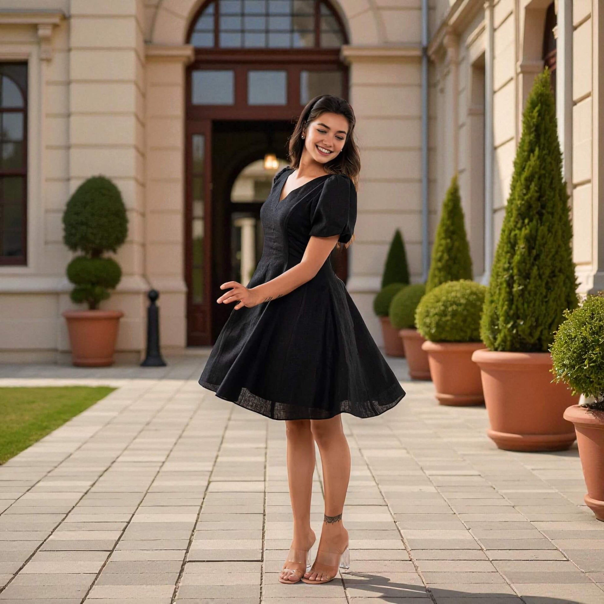 Linen Mini Dress, Puff Sleeve Mini Dress