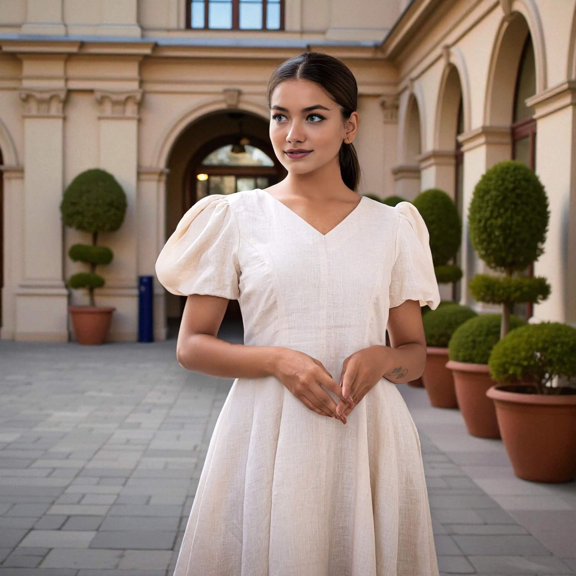 Linen Mini Dress, Puff Sleeve Mini Dress