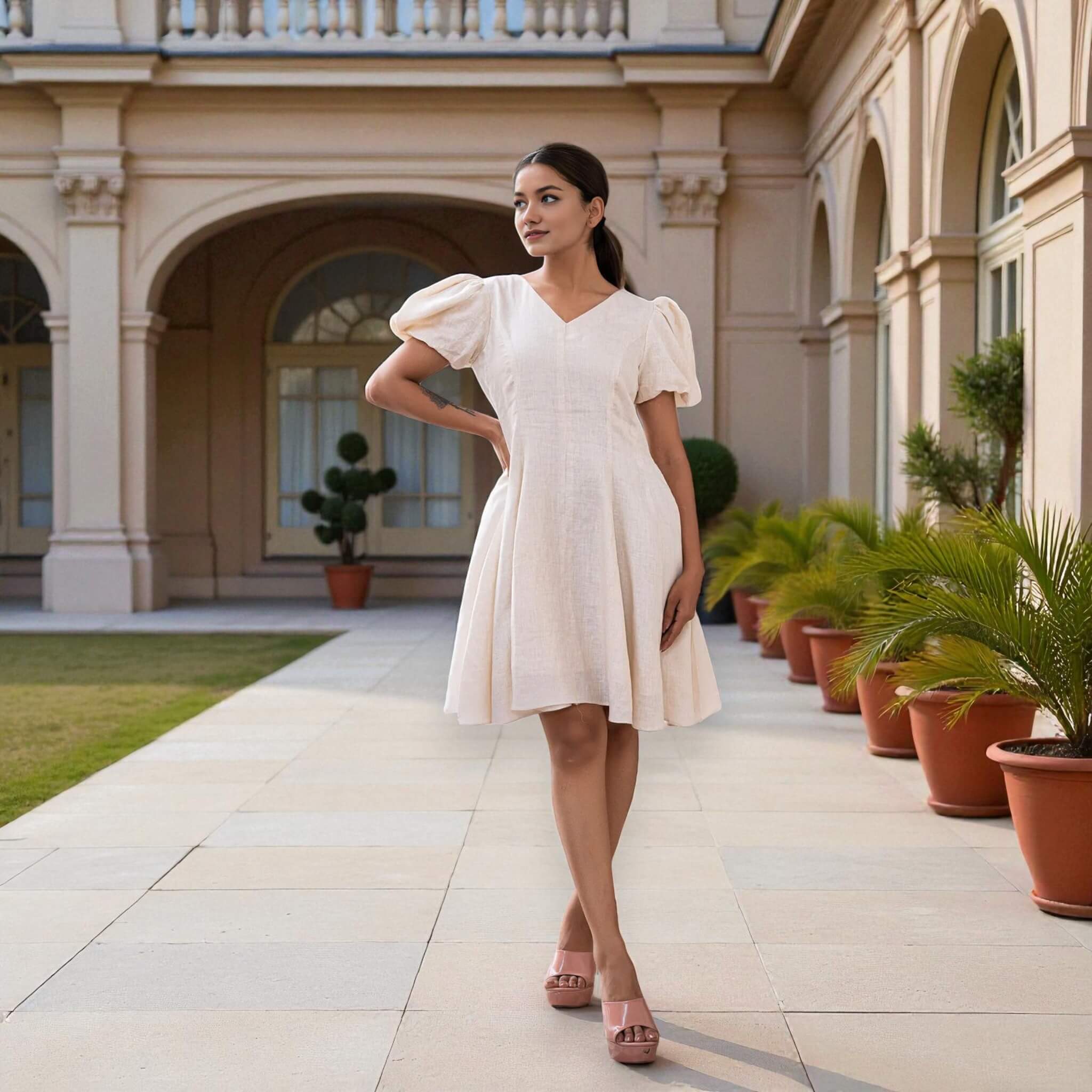 Linen Mini Dress, Puff Sleeve Mini Dress