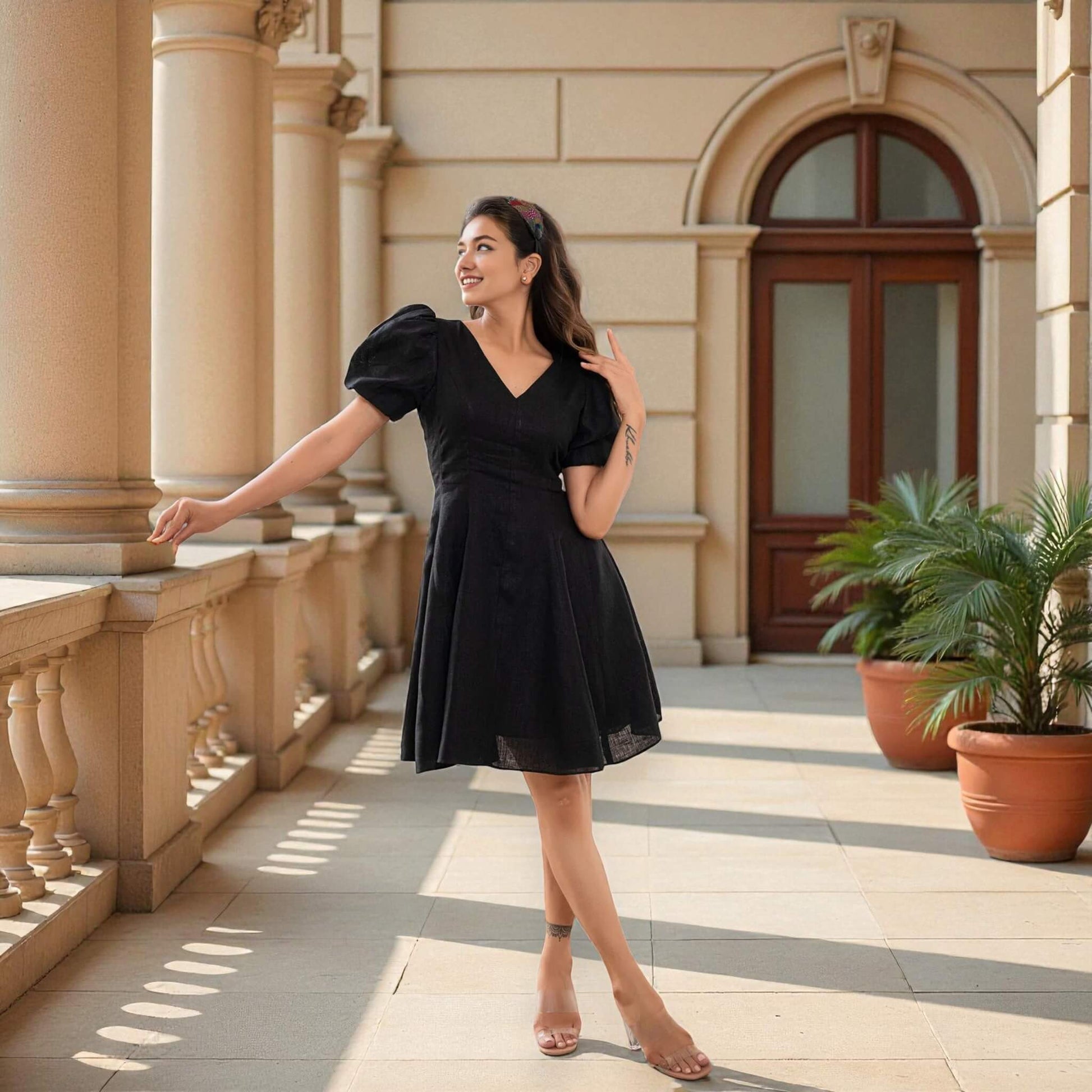 Linen Mini Dress, Puff Sleeve Mini Dress