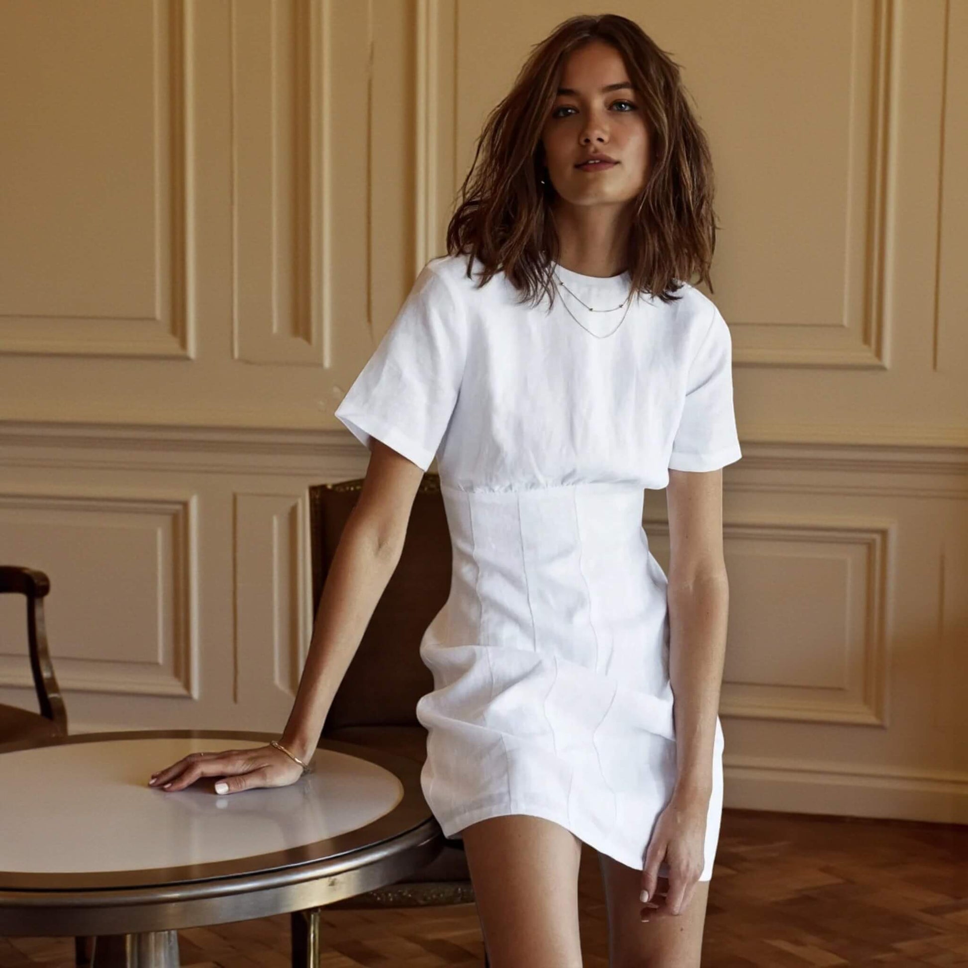 Linen Mini Dress, Round Neck Mini Dress