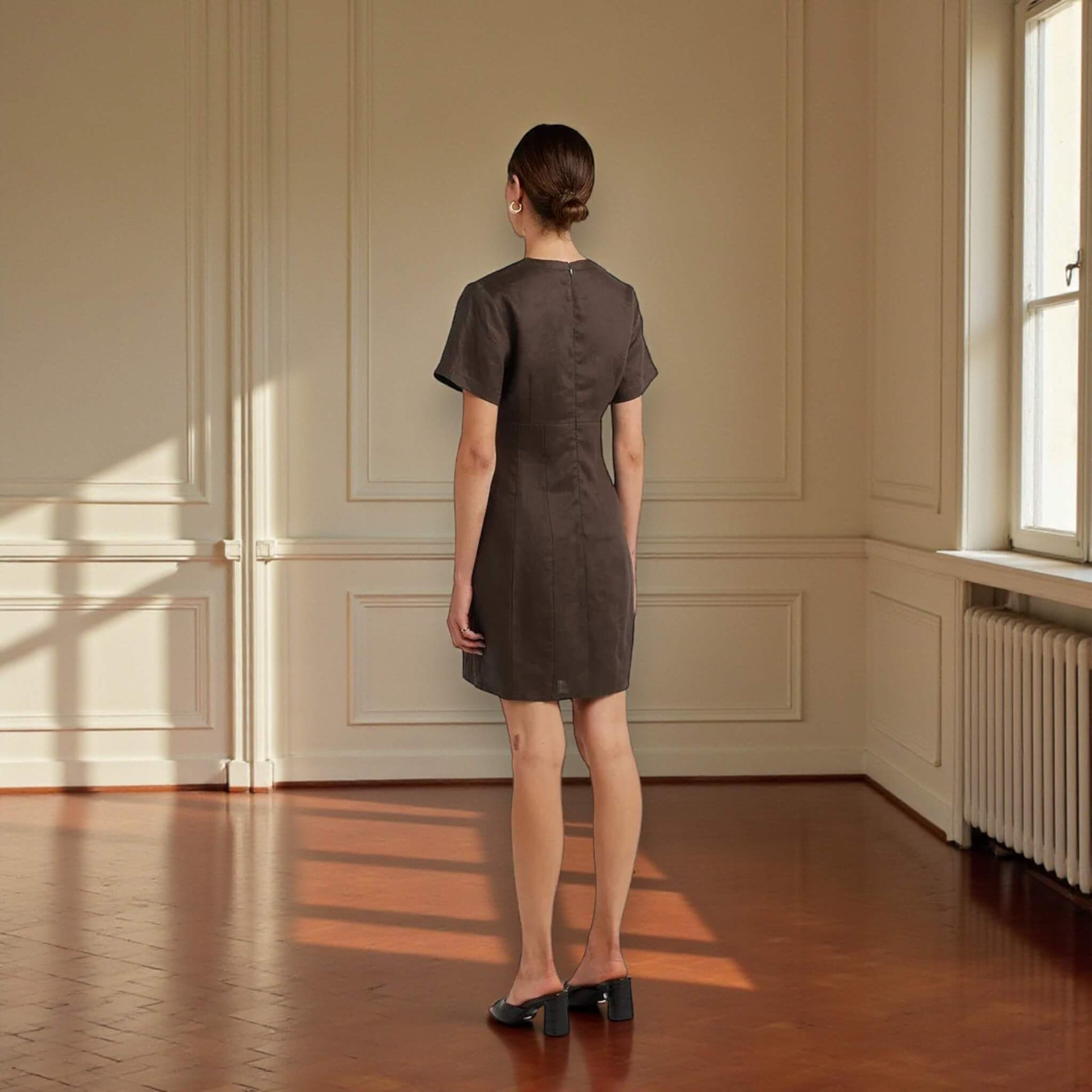 Linen Mini Dress, Round Neck Mini Dress