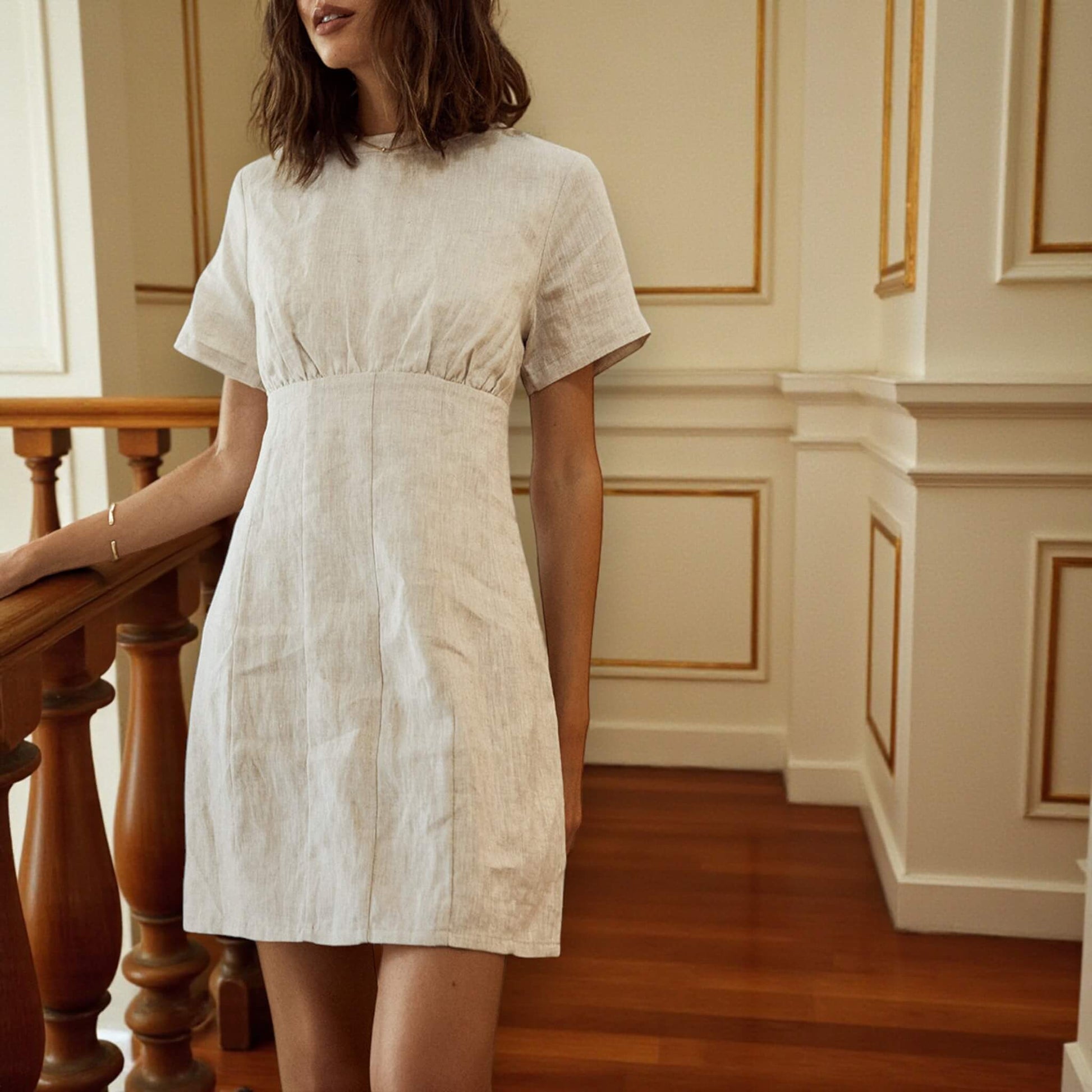 Linen Mini Dress, Round Neck Mini Dress