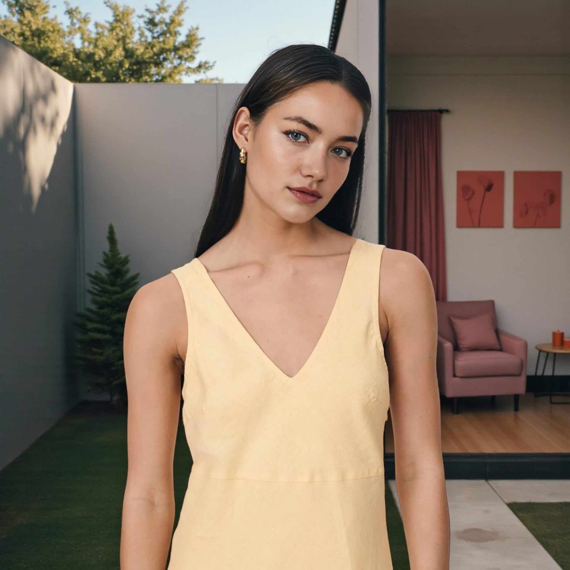 Linen Mini Dress, V Neck Linen Dress