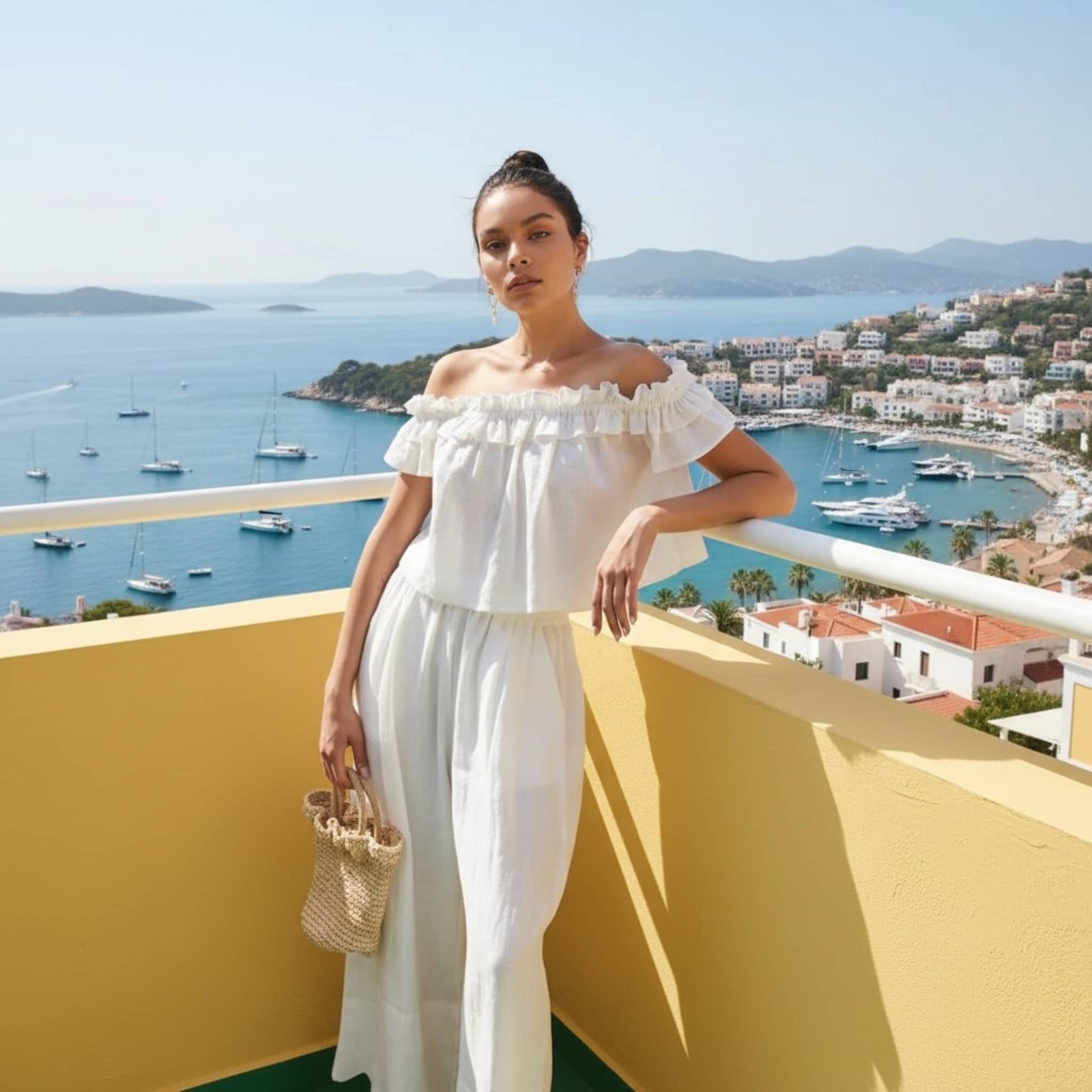 Linen Off The Shoulder Top, Ruffle Short Sleeve Top​