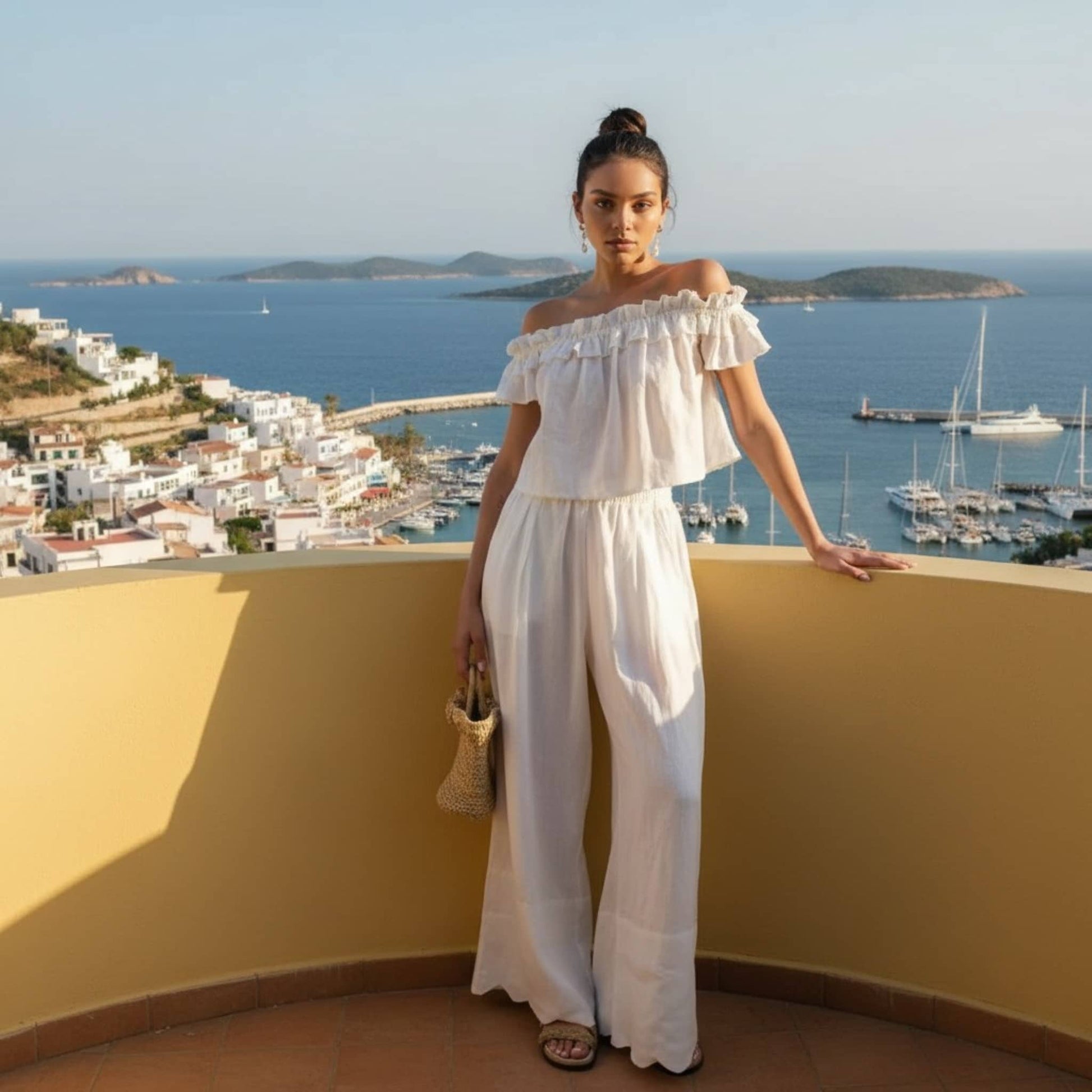 Linen Off The Shoulder Top, Ruffle Short Sleeve Top​